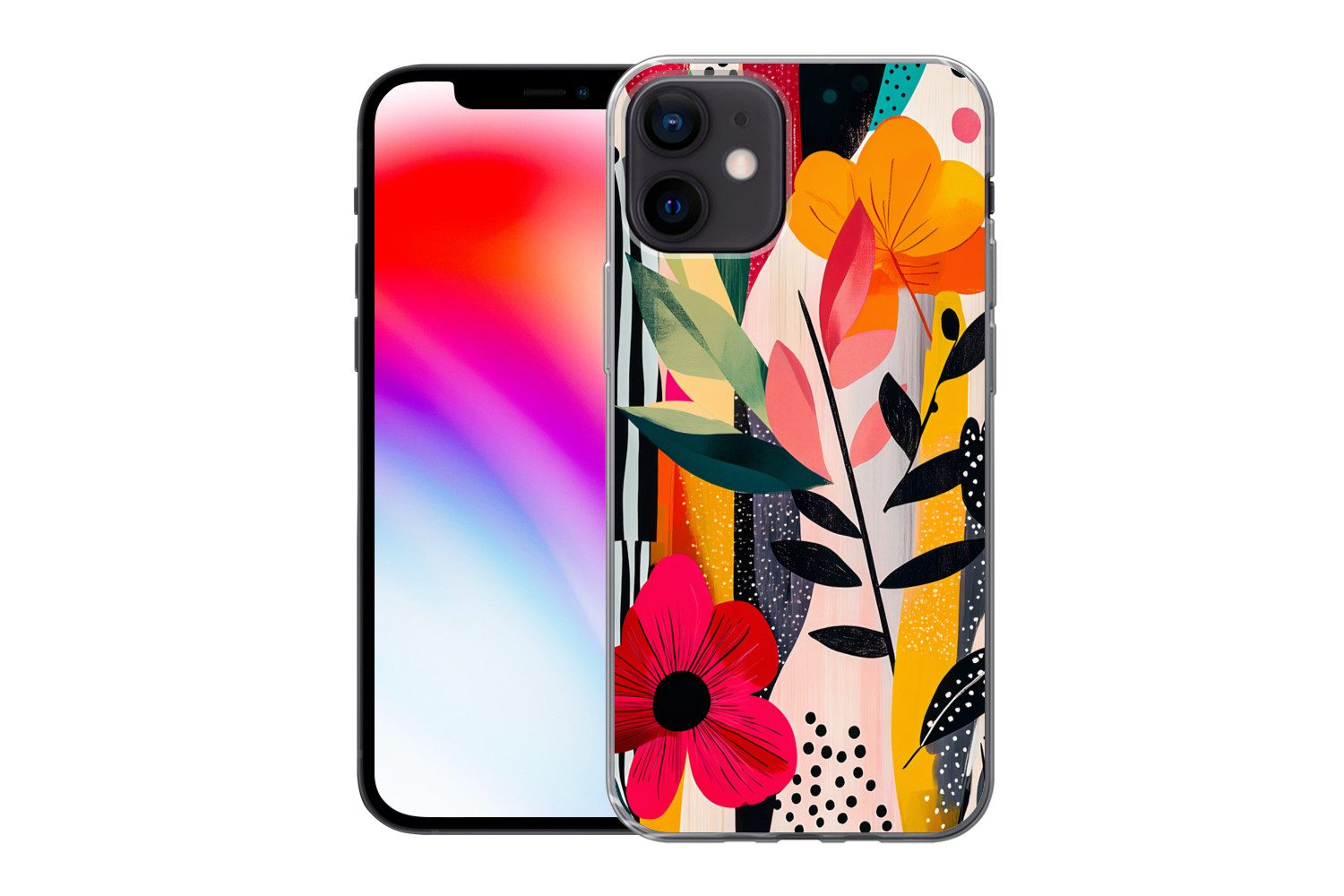 MuchoWow Handyhülle für Apple iPhone 12 Blumen - Blätter - Abstrakt - Farbenfroh, Smartphone-Bumper, Print, Handy Schutzhülle Dünn