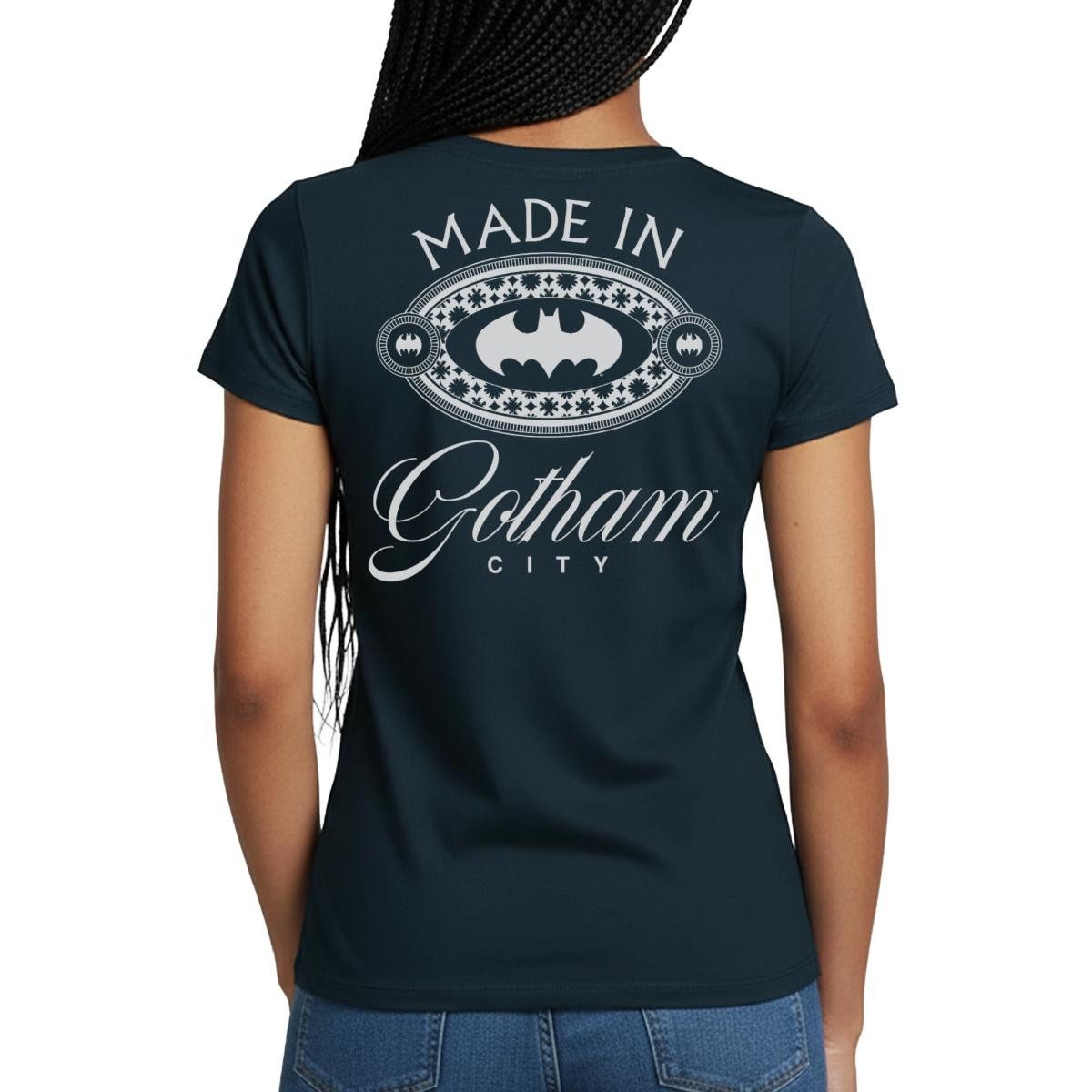 Spreadshirt T-Shirt Batman Made In Gotham City Logo Frauen T-Shirt (1-tlg) Slim Fit, fällt klein aus