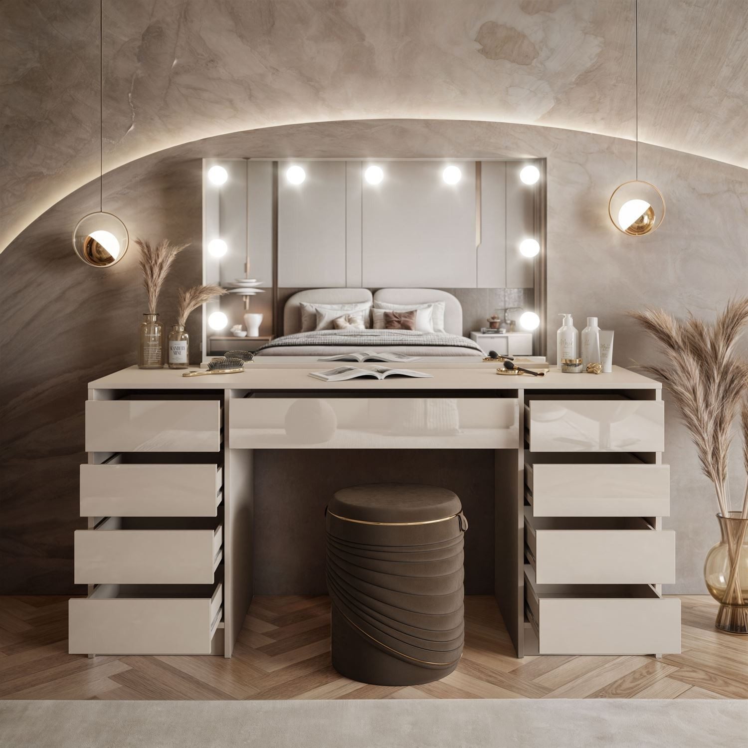 ALLHOUSE24 Schminktisch MAYA mit Spiegel und LED Beleuchtung Glanz Kosmetiktisch Schreibtisch, Breite 152 cm