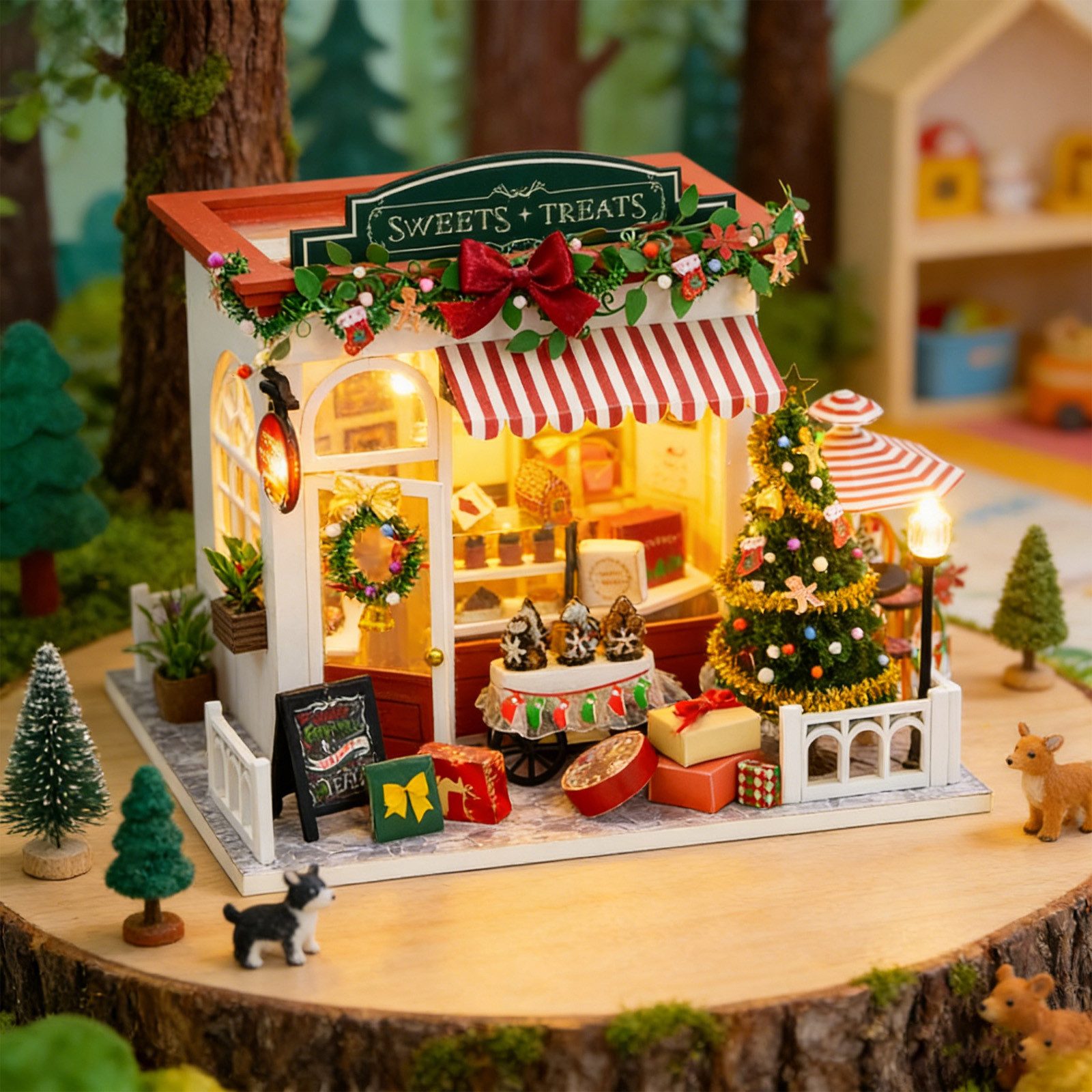 OKWISH 3D-Puzzle DIY-Weihnachtshaus aus Holz Miniatur-Set mit LED-Beleuchtung, Puzzleteile, Holz Bastelset kreatives Handarbeits- und Modellbau-Set ab 14 Jahren