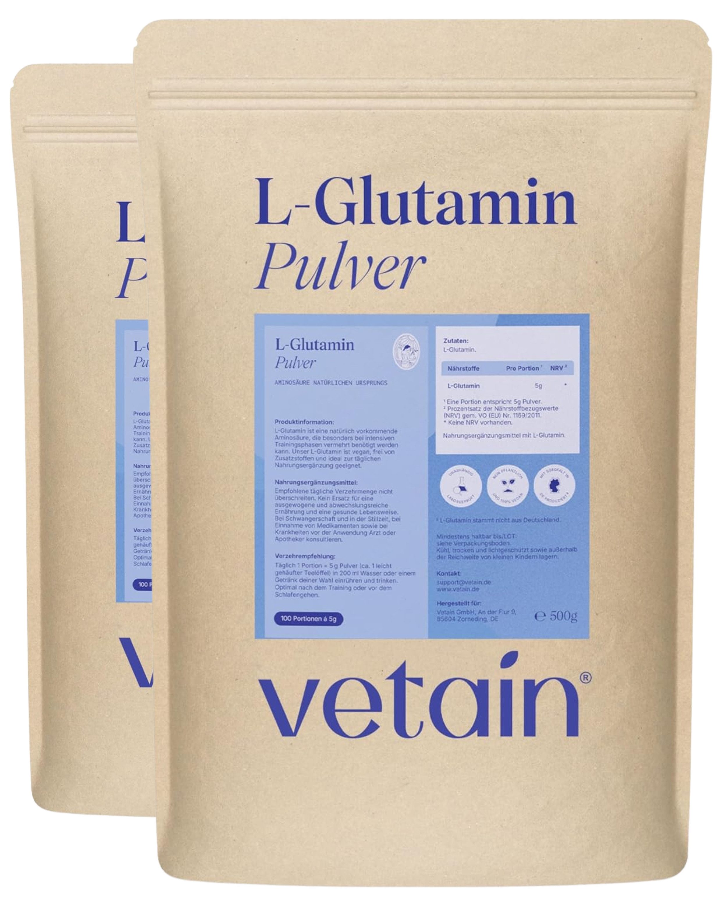 VETAIN L-Glutamin Pulver - ultrafeines Glutamine - geschmacksneutrales Pulver, 1000 g, L-Glutamin aus Fermentation von Mais & Made in Germany