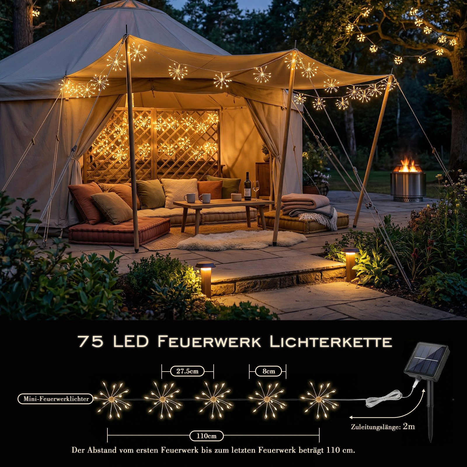 Salcar LED Solarleuchte LED Feuerwerk-Lichterkette Außen Solar Gartenleuchte Weihnachtsdeko, LED fest integriert, Warmweiß, 5 Feuerwerk-Lichterkette 75 LED, 8 Modi, Solar Automatik