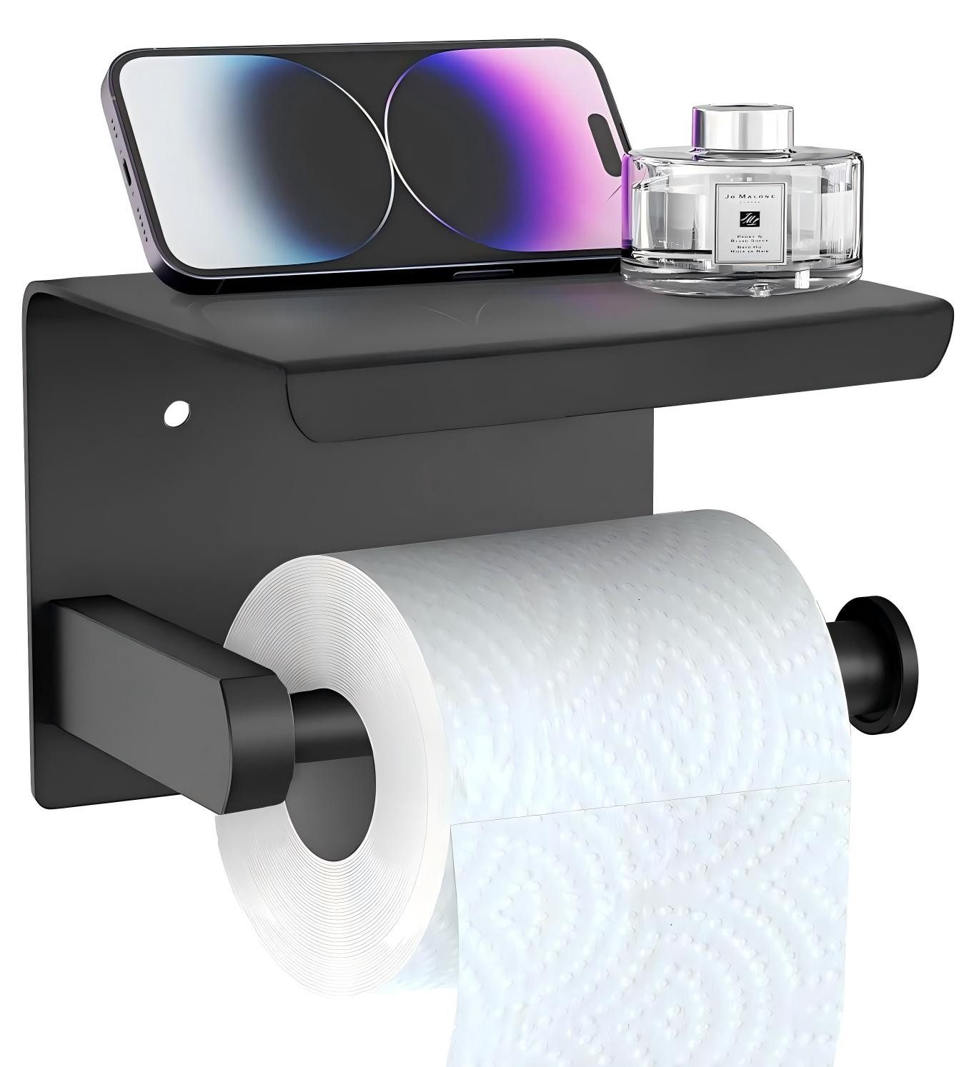 SURFOU Toilettenpapierhalter Ohne Bohren mit Ablage, Selbstklebend & Schraubmontage, SUS304 (Selbstklebender Toilettenpapierhalter, Toilettenpapierhalter schwarz Toilettenpapierhalter mit ablage, Edelstahl SUS304,mit 2 verschiedenen Befestigungsoptionen, 1-St., Hochwertige Klebebefestigung mit 3M - Klebebpad, mit Smartphone-Ablage), Hochwertige Klebebefestigung mit 3M - Klebebpad