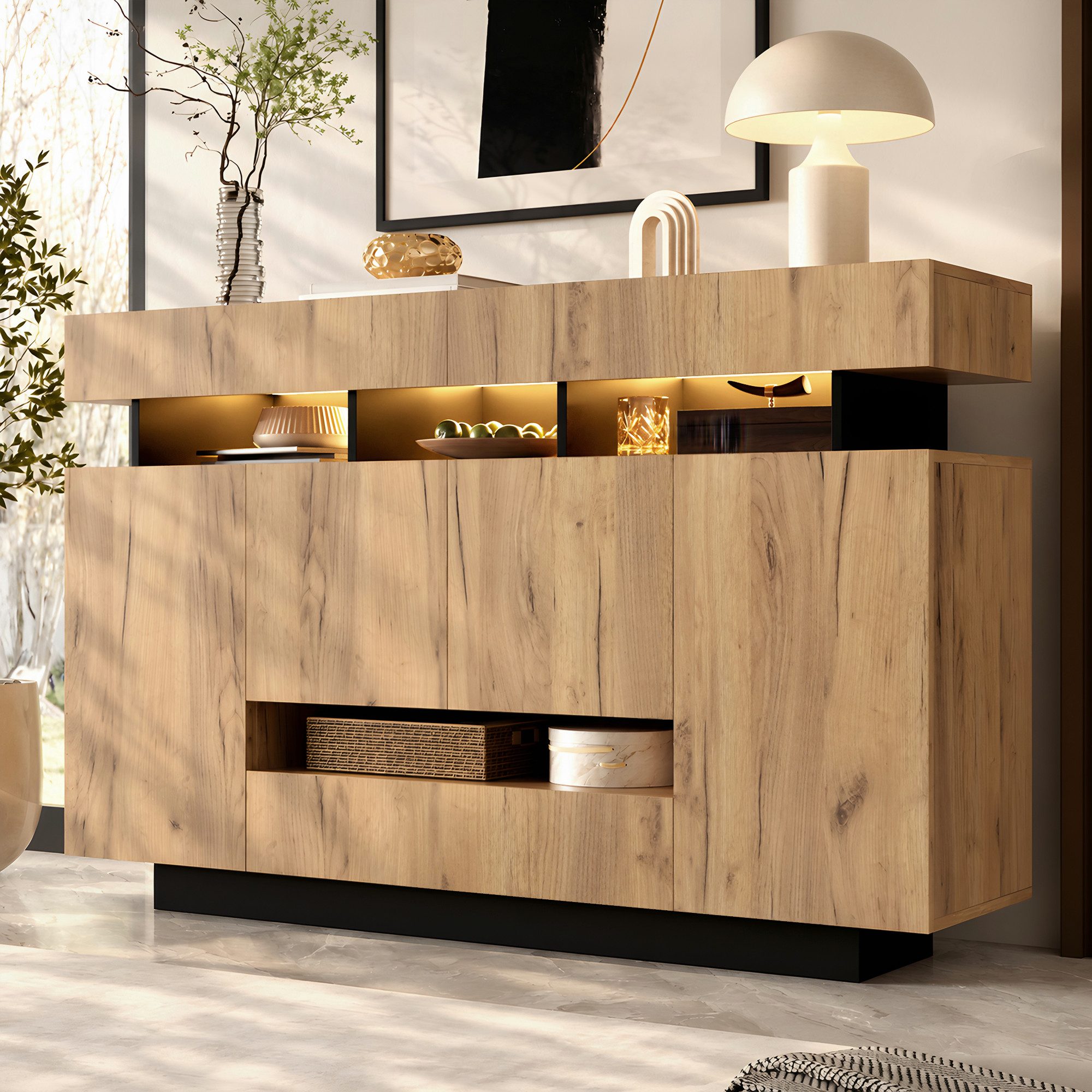 Flieks Kommode Sideboard mit 3 Schubladen, 4 Türen & LED-Beleuchtung Holzoptik (140x35x90 cm, 1 St., Multifunktionsschrank für Wohnzimmer, …