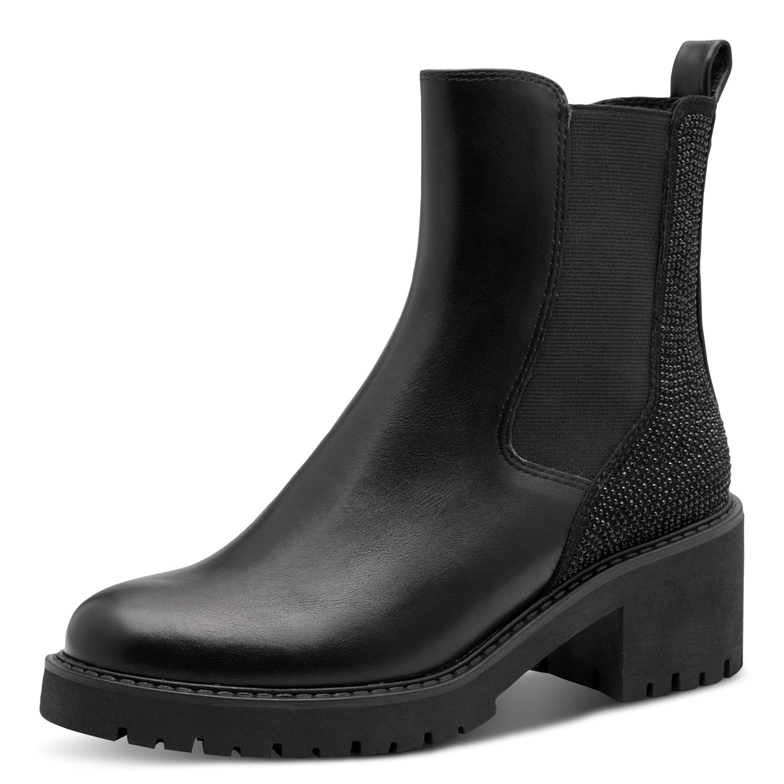 MARCO TOZZI Chelseaboots, Blockabstz, Stiefelette mit funkelenden Strasssteinchen besetzt