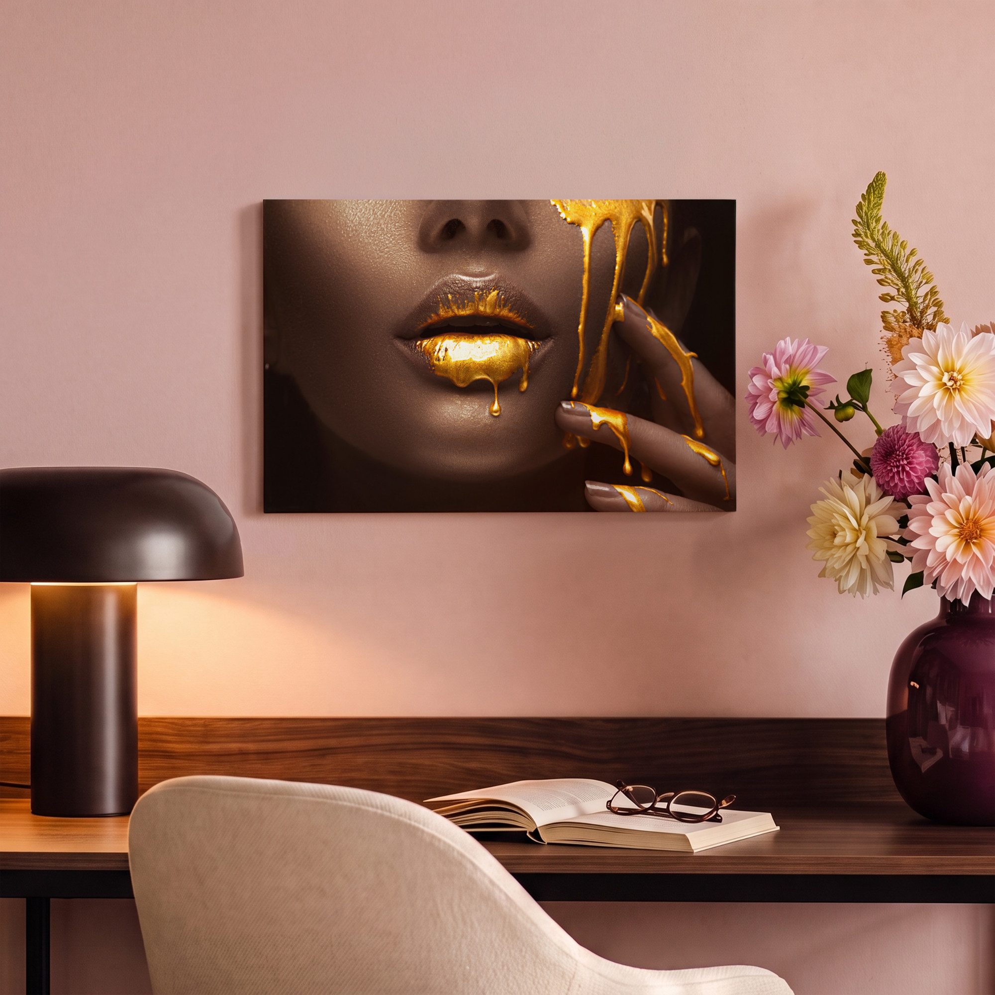 OneMillionCanvasses® Leinwandbild Gold - Frau - Farbe - Lippen - Luxus, Fotodruck (1 St), Leinwand Bilder Klein, Wand Dekoration Aesthetic 30x20 cm – Bild 4 von 5