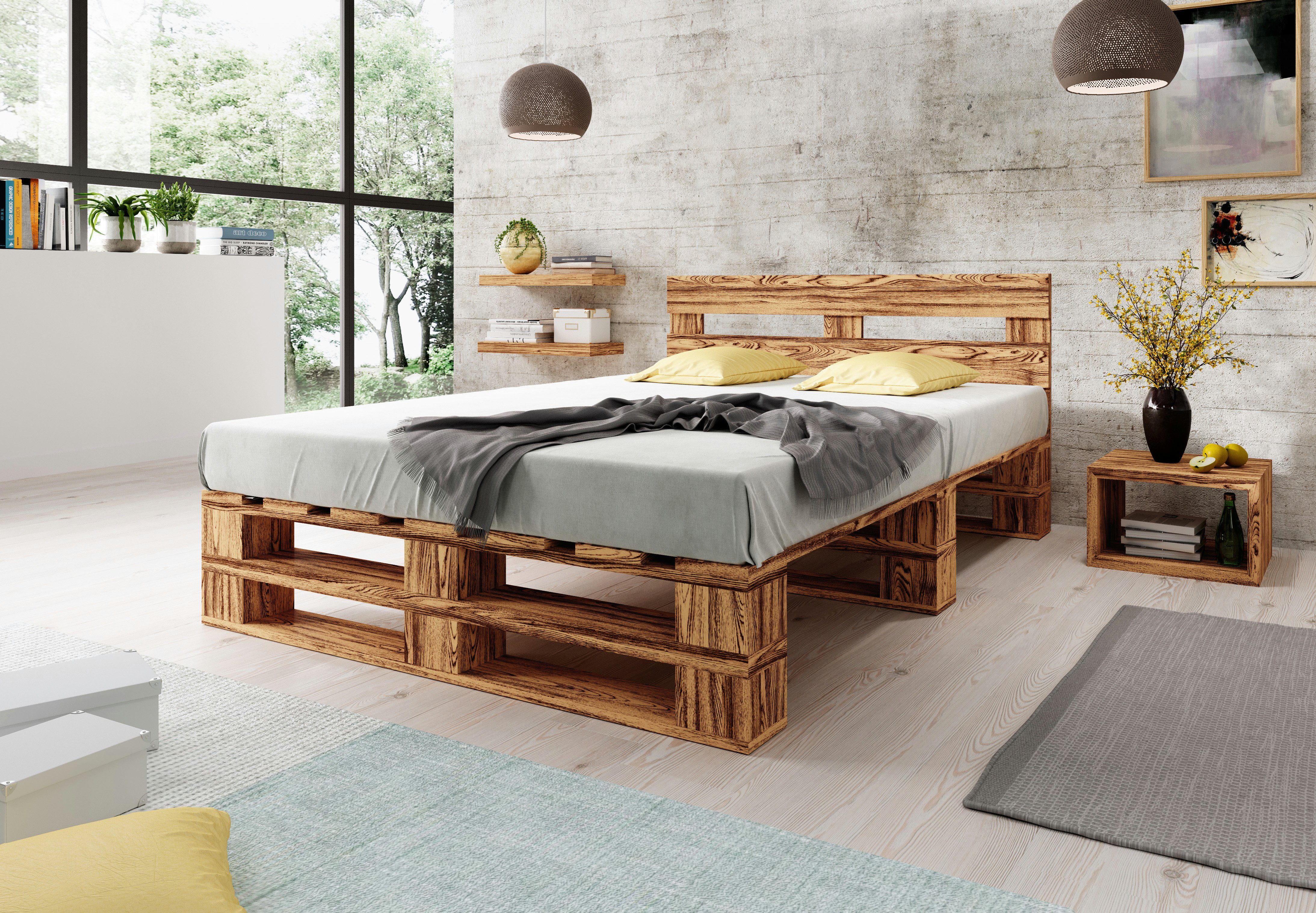 sunnypillow Palettenbett M2 mit Lattenrost mit Kopfteil, 140 x 200 cm Geflammt – Bild 2 von 4