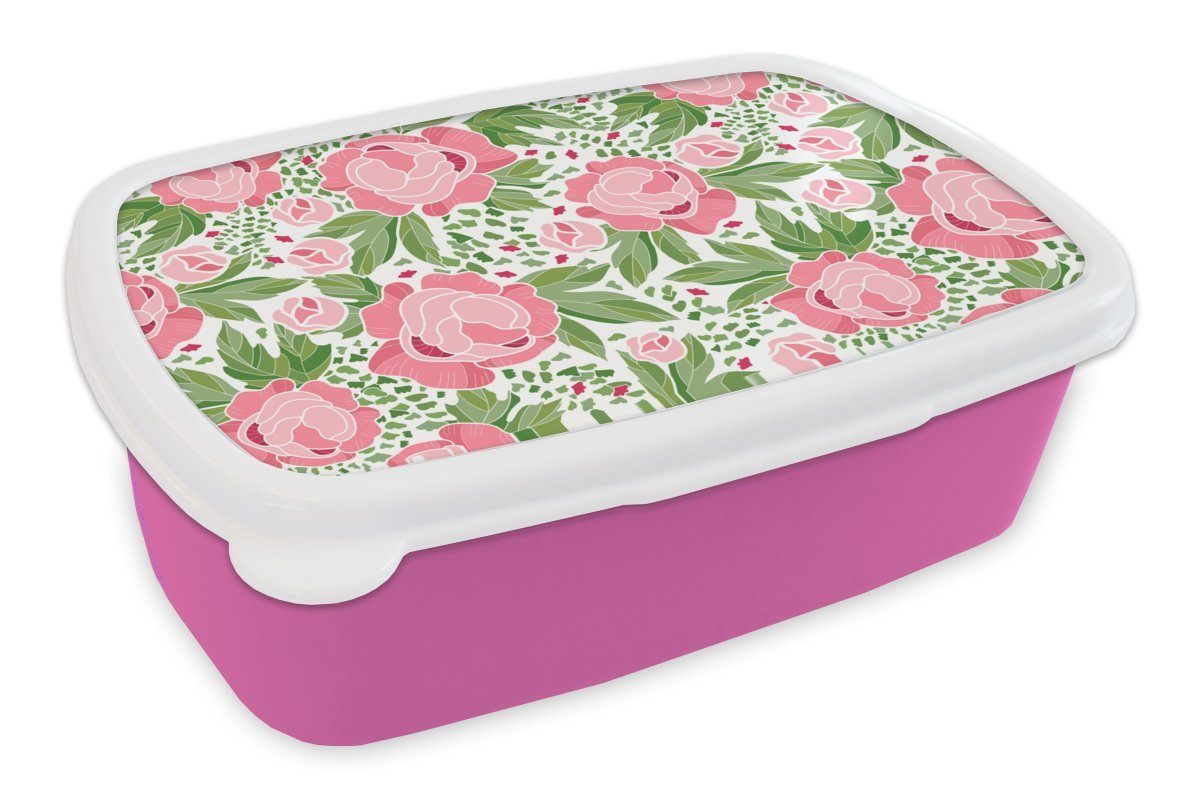 MuchoWow Lunchbox Blumen - Rosa - Muster, Kunststoff, (2-tlg), Brotbox für Erwachsene, Brotdose Kinder, Snackbox, Mädchen, Kunststoff