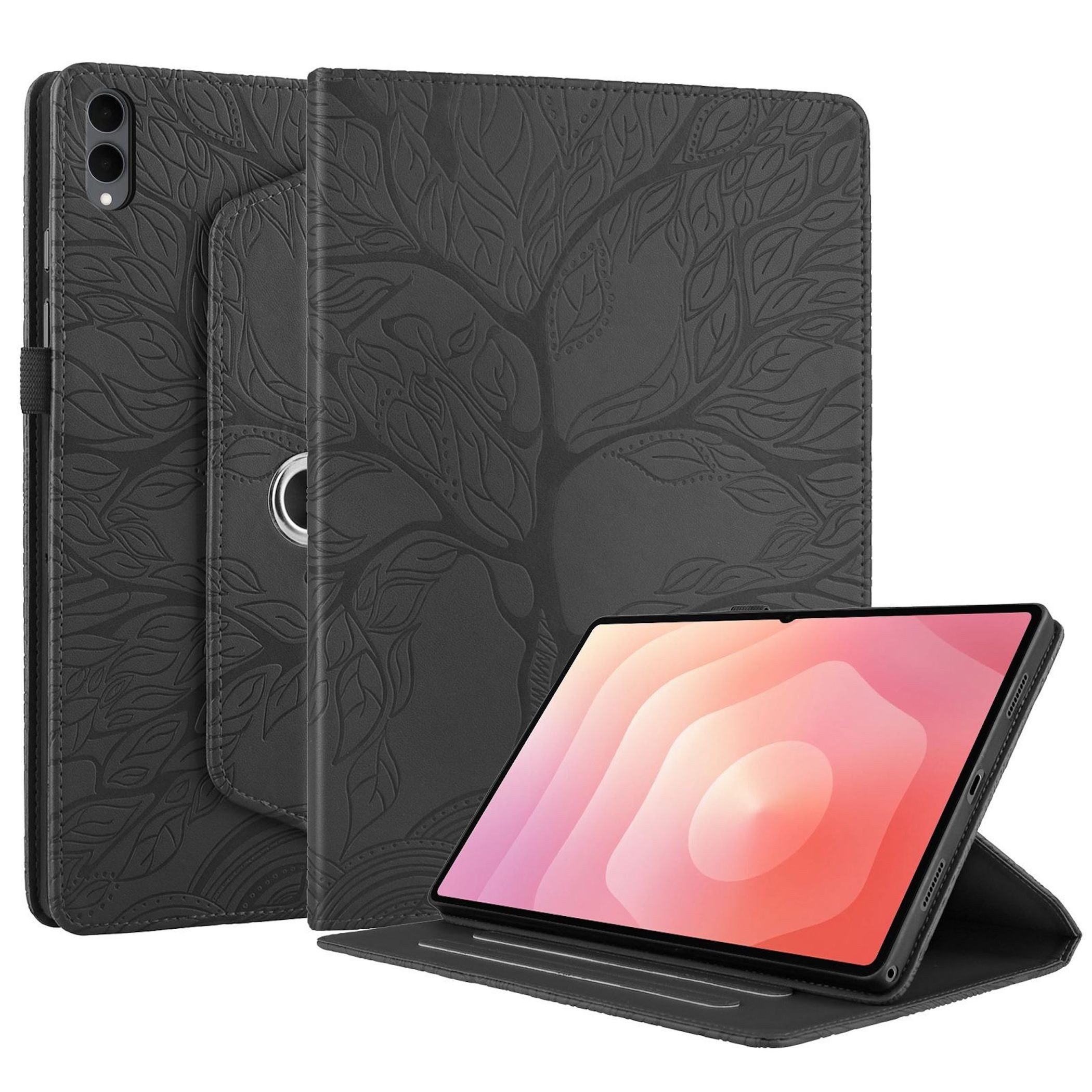 Wigento Tablet-Hülle Für Samsung Galaxy Tab S11 Ultra 360 Baum Kunstleder Tasche Schwarz, 360° Drehfunktion, Baum des Lebens Motiv, Standfunktion