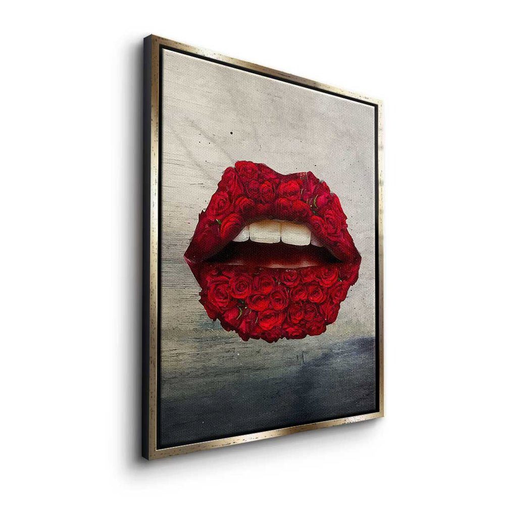 silberner DOTCOMCANVAS® modernes Leinwandbild Lippen Art - Pop - Leinwandbild, X Rosen Wandbild Rahmen Premium -