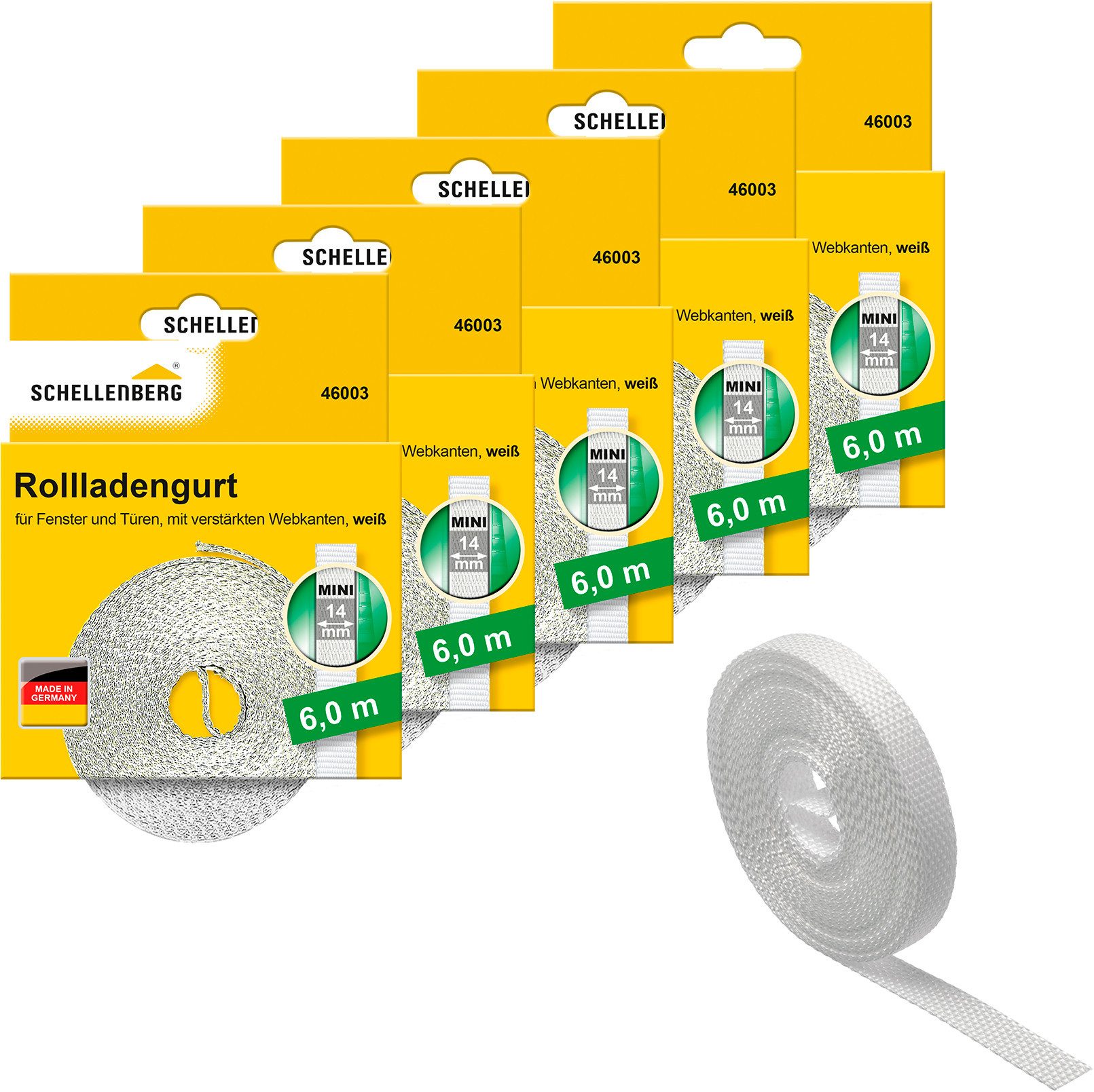 SCHELLENBERG Rollladengurt Mini 14 mm, 6 m, zur Bedienung eines Rollladens mit Gurtwickler (Set, 5-tlg), Gurtband in unterschiedlichen Farben erhältlich