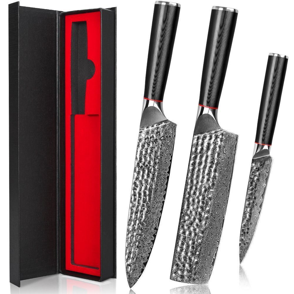 KEENZO Messer-Set 3tlg.Damaststahl (3-tlg) Set Hammerschlagoberfläche Küchenmesser Damastmesser