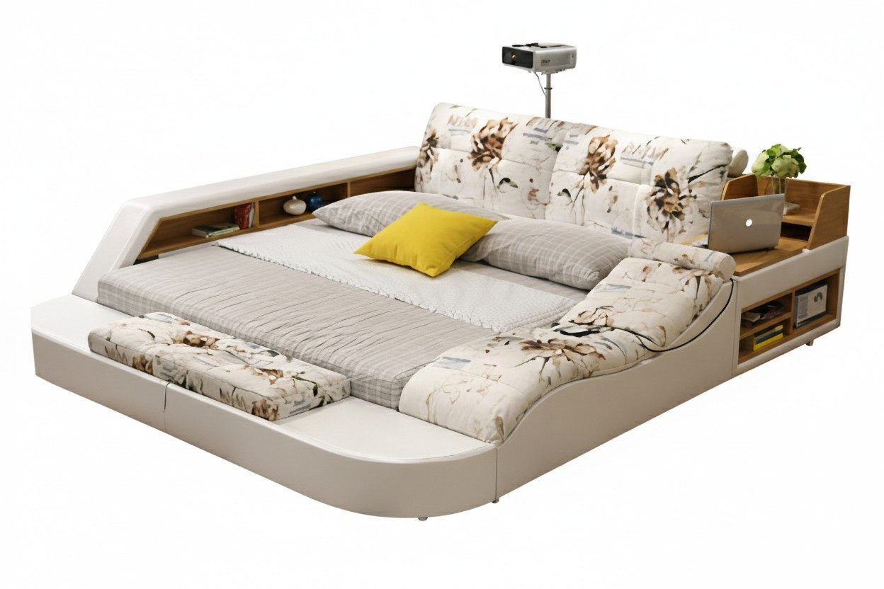 Xlmoebel Multimediabett Multifunktionales Bett im modernen Stil mit beigem Holzrahmen (Multimediabett, 2-tlg., Multifunktionsbett), Made in Europa