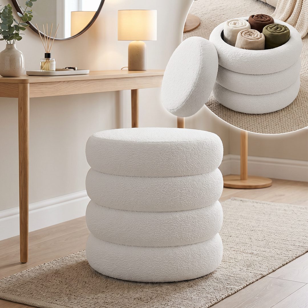 skølm Hocker Selene mit Stauraum, Sitzhocker & Polsterbank, Teddy Bouclé Stoff (creme-weiß, 57 x 57 x 47 cm), Aufbewahrungshocker mit Deckel, Polsterhocker für Schminktisch