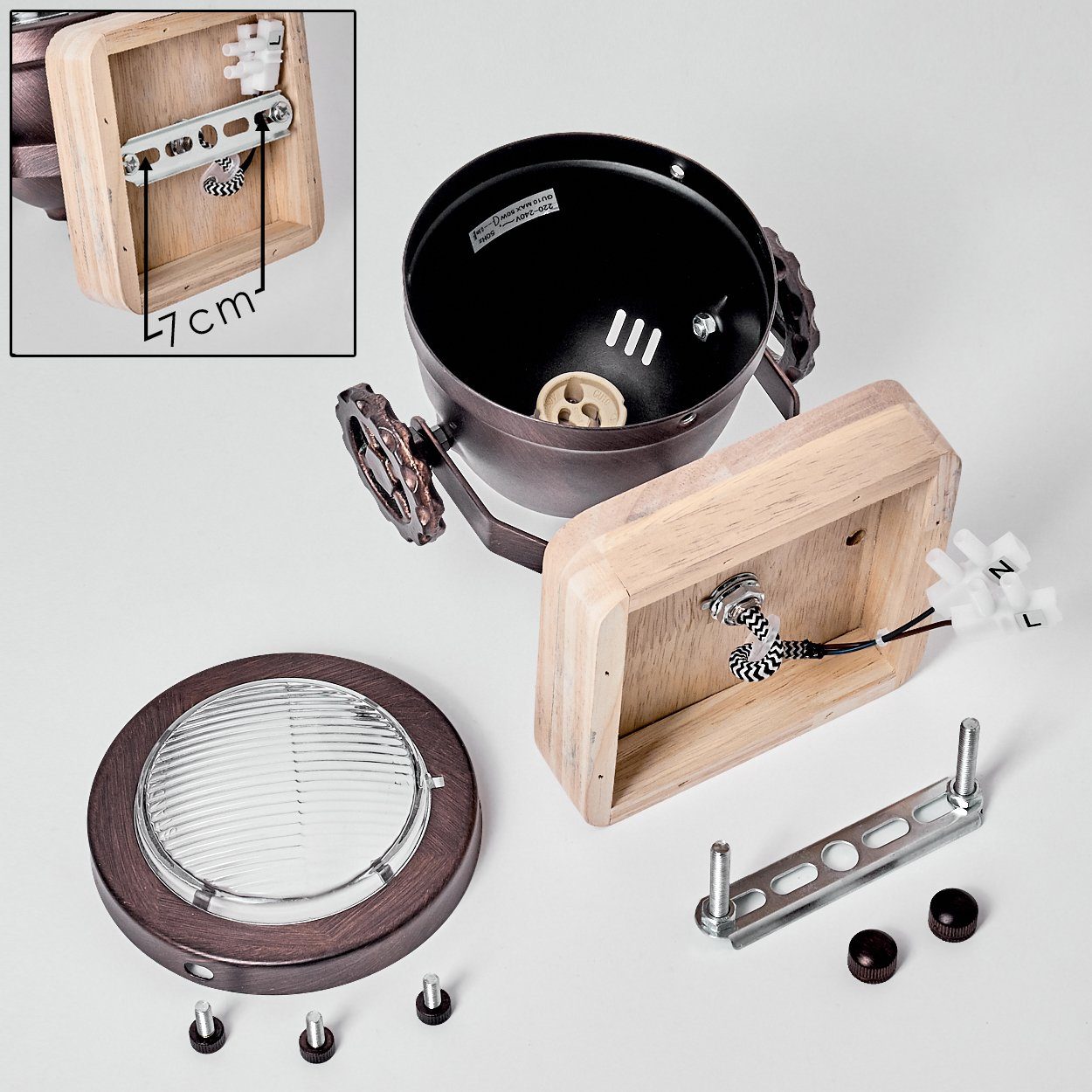 hofstein Wandleuchte »Biati« verstellbare Wandlampe, Metall/Holz/Glas, Braun/Kupfer/Natur, ohne Leuchtmittel, 1xGU10 Fassung max. 50 Watt, Wandspot im Retro/Vintage Design