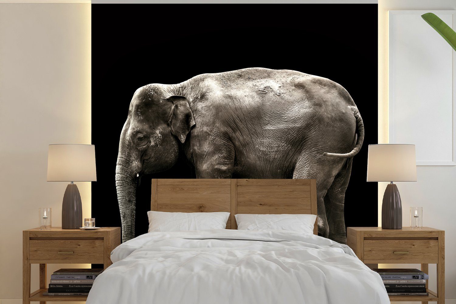 MuchoWow Fototapete Elefant - Wilde Tiere - Schwarz, Matt, bedruckt, (4 St), Vliestapete für Wohnzimmer Schlafzimmer Küche, Fototapete