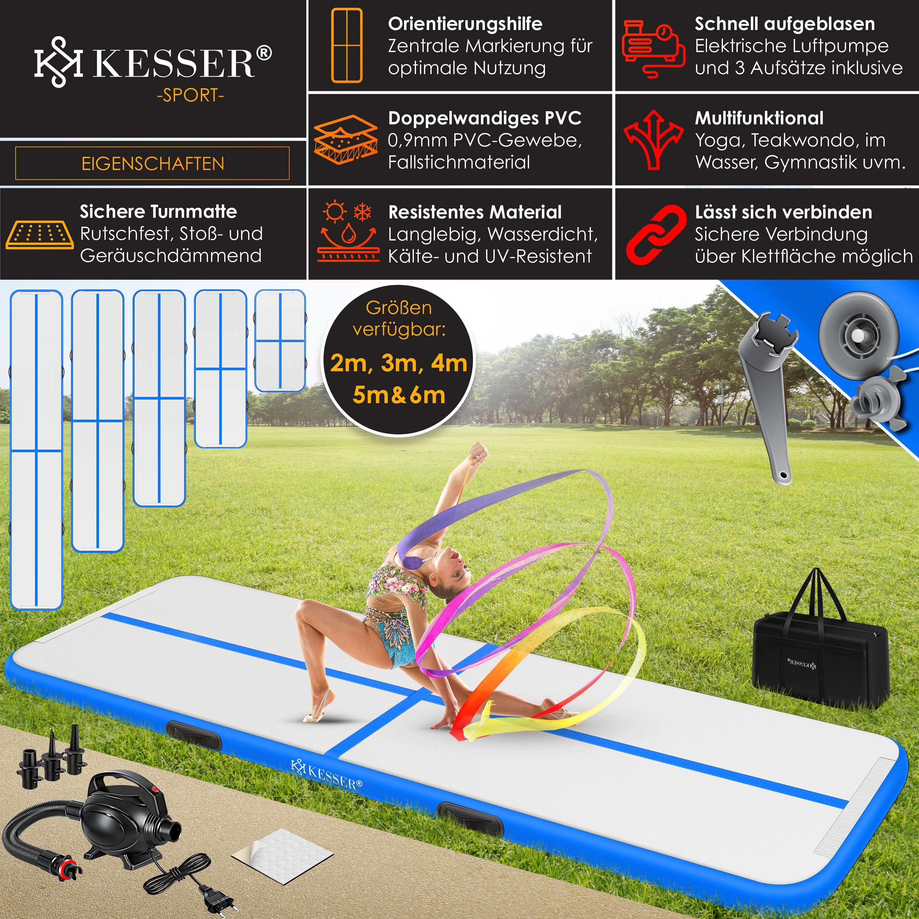 KESSER Turnmatte, Turnmatte Aufblasbar Airtrack Fitness-Matte Gymnastikmatte