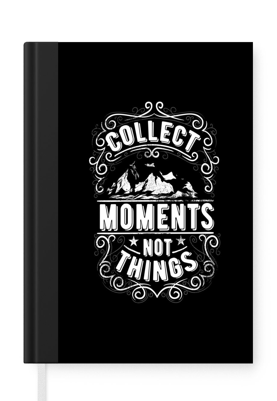 MuchoWow Notizbuch Zitat "Sammle Momente, nicht Dinge" auf schwarzem Hintergrund, Journal, Merkzettel, Tagebuch, Notizheft, A5, 98 Seiten, Haushaltsbuch