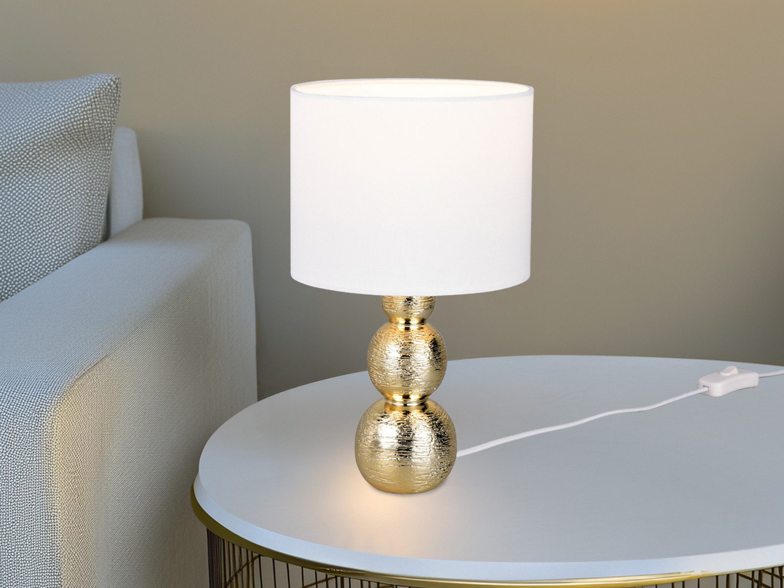 Reality Leuchten LED Nachttischlampe aus Keramik mit Stoffschirm Weiß H: 29cm, Dimmfunktion, LED wechselbar, warmweiß, Tischlampe Design-klassiker Lampenschirm  – Bild 2 von 5