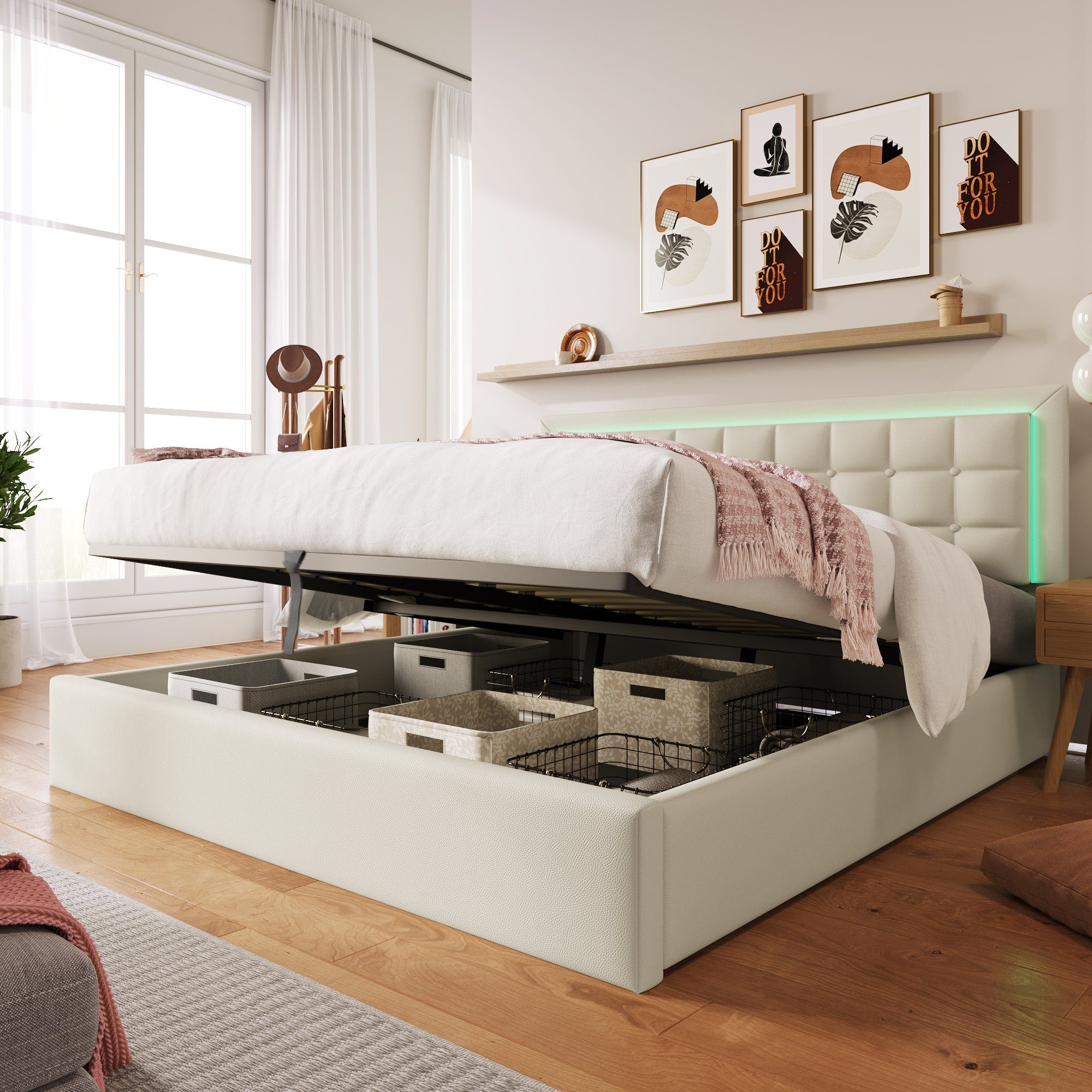 Odikalo Stauraumbett Polsterbett Doppelbett Lattenrost LED günstig online kaufen
