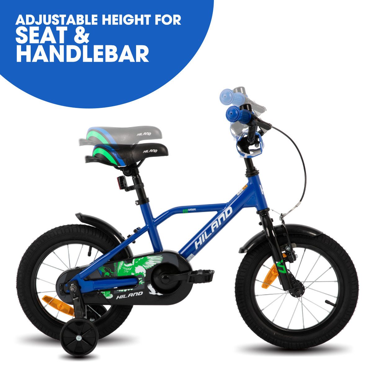 HILAND Kinderfahrrad Hawk 12 14 16 20 Zoll Kinderfahrrad für Jungen 3-10 Jahre, mit Stützrädern, V Bremseund Rücktrittbremse, Hilfsrad, Kotflügel