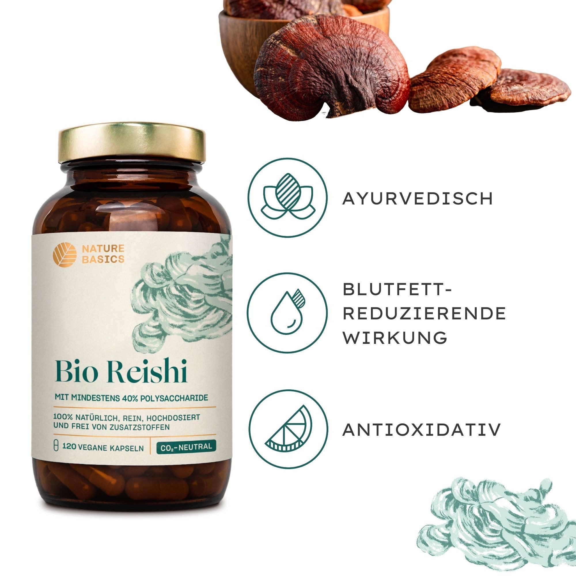 Nature Basics Hochwertiges Bio Reishi 1500mg Vegan im Braunglas 120 Kapseln, 120 St., 79 g