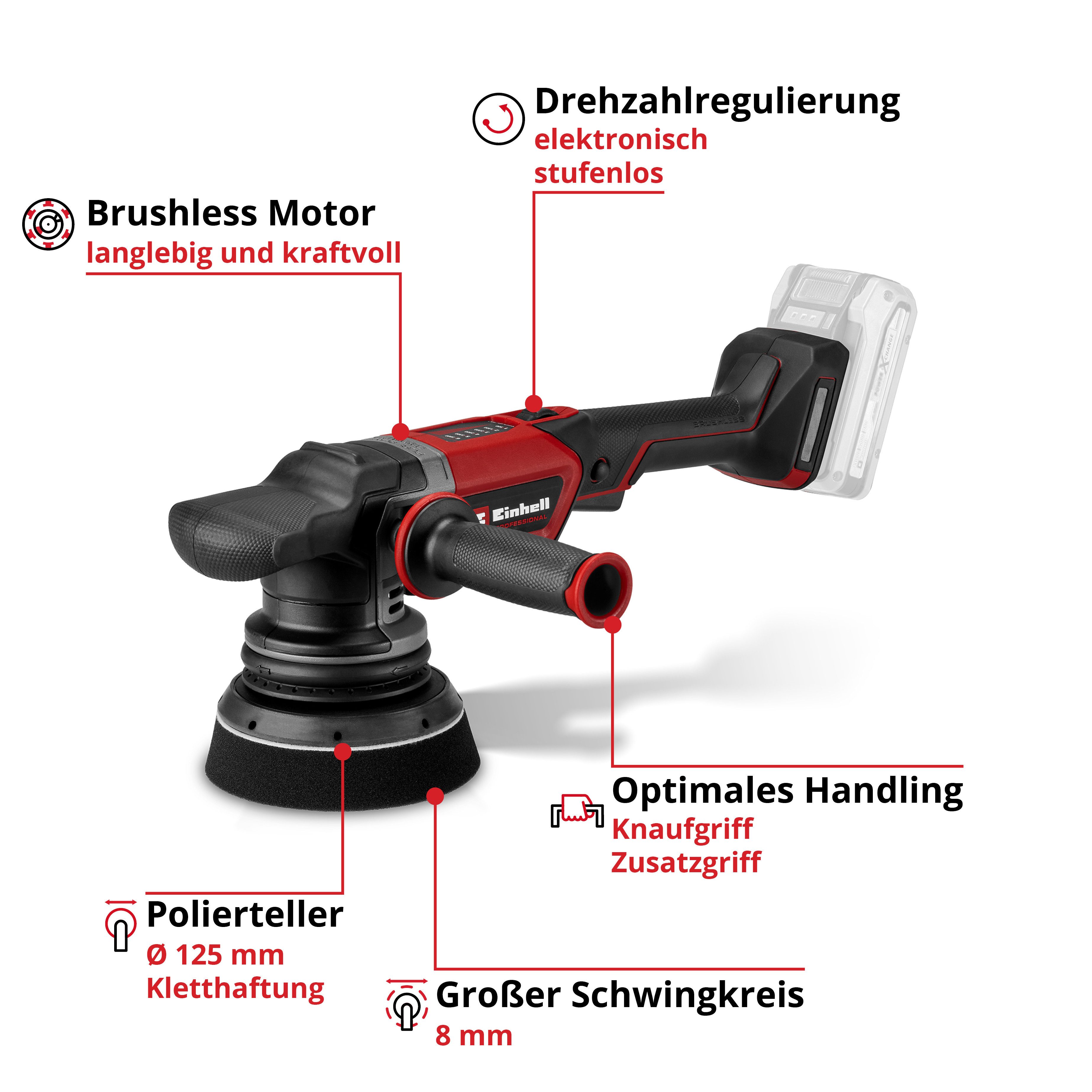 Einhell Akku-Poliermaschine CP-EP 18/125 Li BL-Solo, ohne Akku und Ladegerät