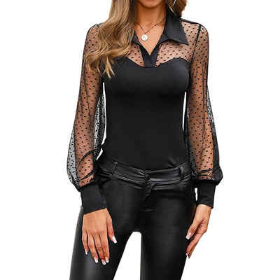 FIDDY Blusentop Damen Sexy Langarm-Shirt mit V-Ausschnitt, Netzstoff, transparent