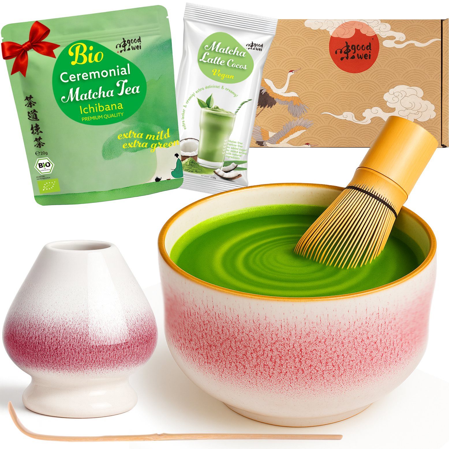 Goodwei Tee Matcha Set - Teeschale, Matchabesen mit Halter & Ceremonial Matcha Tee