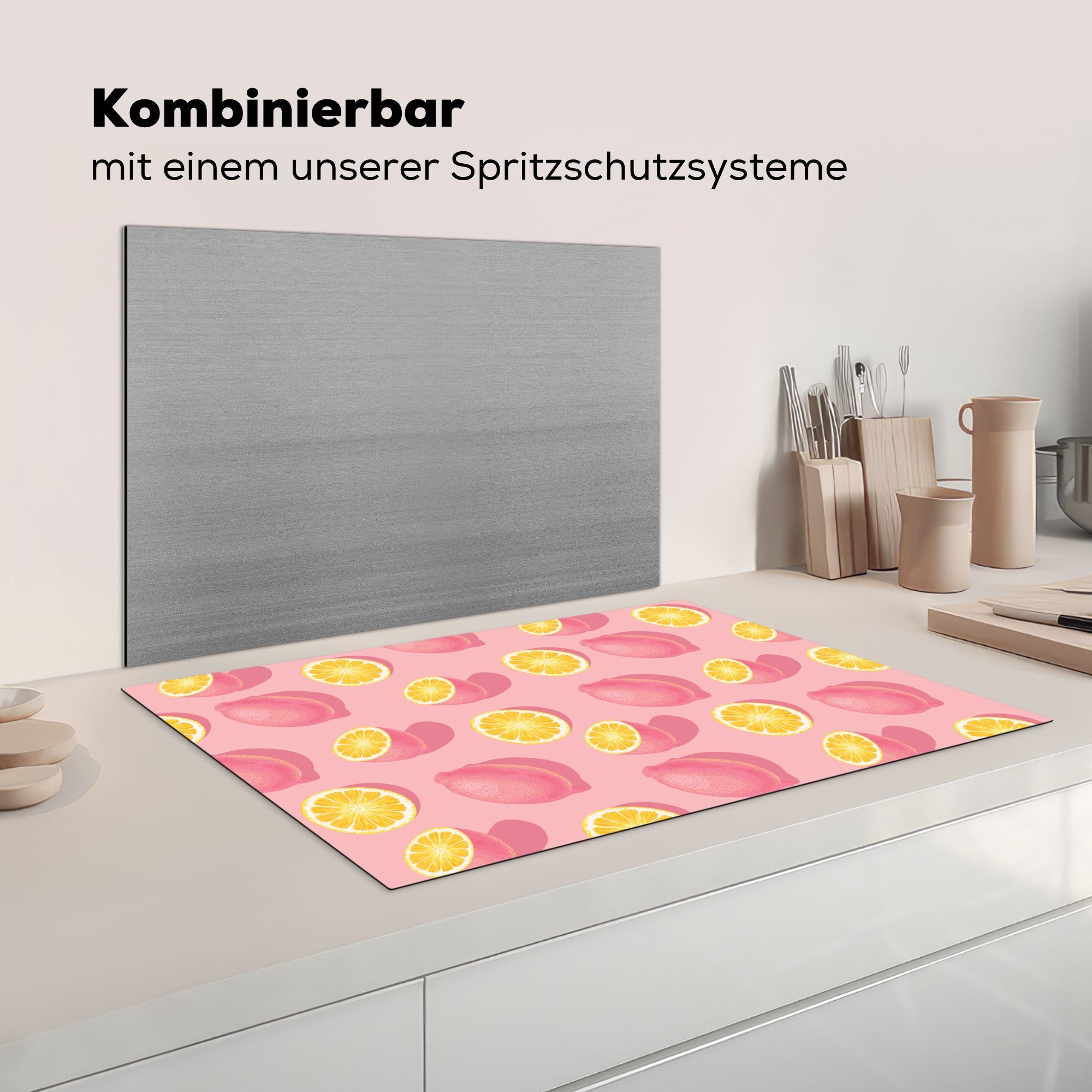 MuchoWow Herdblende-/Abdeckplatte Sommer - Zitrone (1 Rosa - - küche, für Ceranfeldabdeckung Schutz Vinyl, Gelb, tlg), Induktionskochfeld 81x52 cm, die