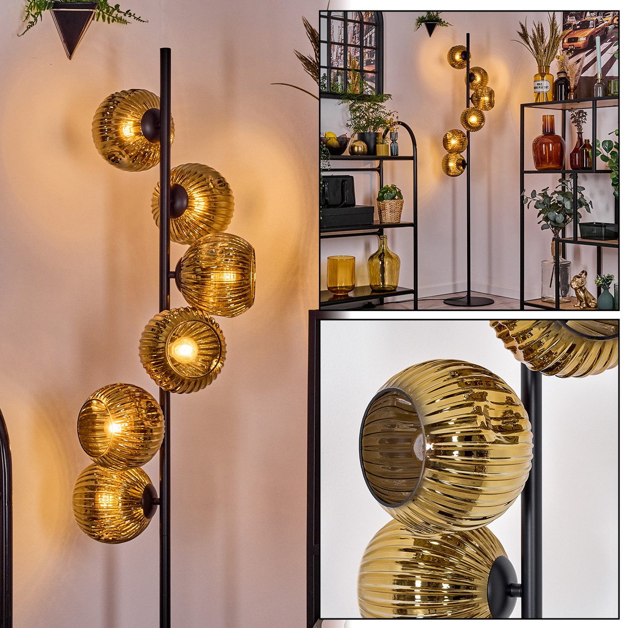 hofstein Stehlampe Stehlampe aus Metall/Riffelglas in Schwarz/Goldfarben, ohne Leuchtmittel, Stehleuchte Retro/Vintage, Ø Schirme 15 cm, Fußschalter, 160 cm, E14