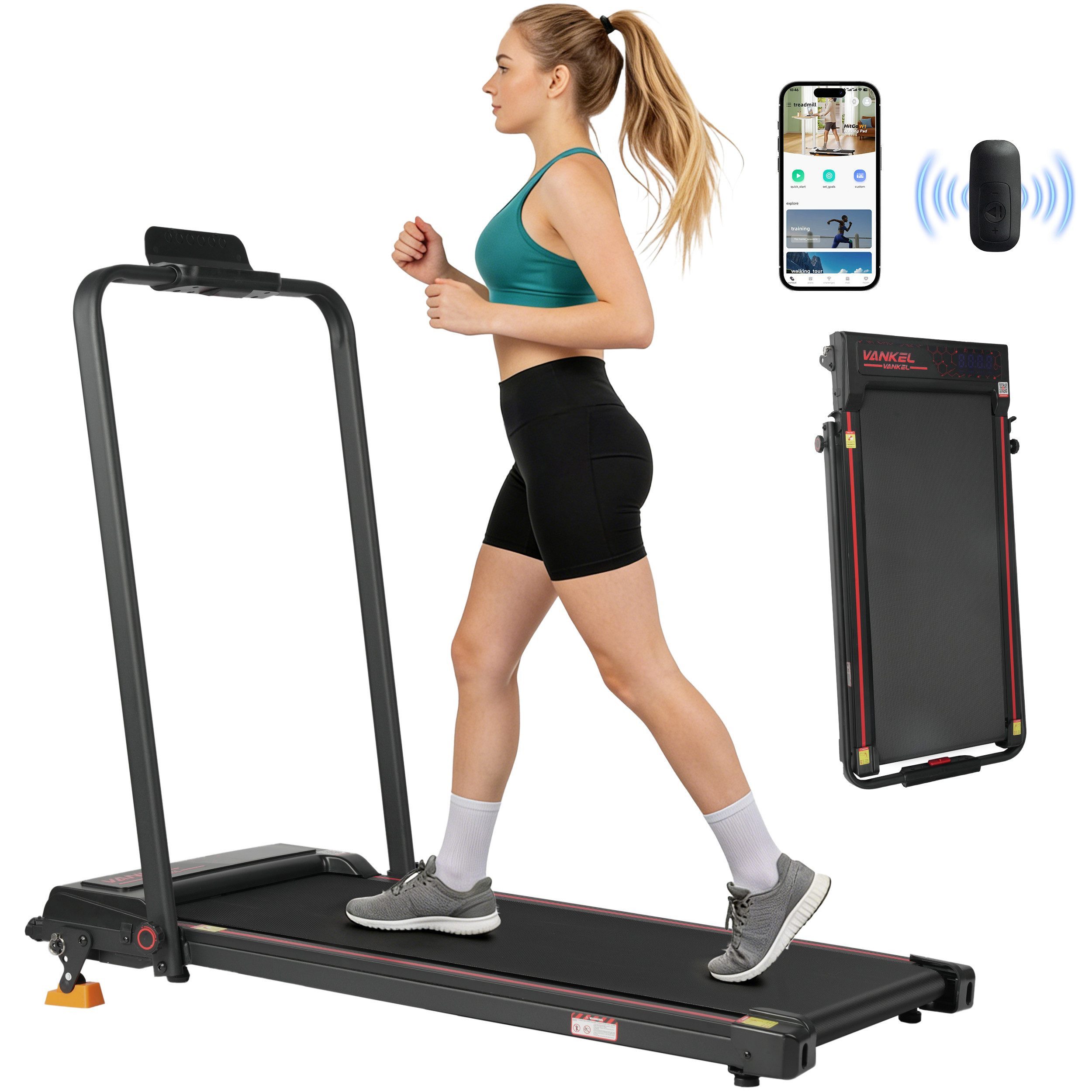 Vankel Laufband für Zuhause 2,5 PS, bis 12 km/h (Fernbedienung), Mit Handlauf, Sicherheitsclip, App und Fernbedienung