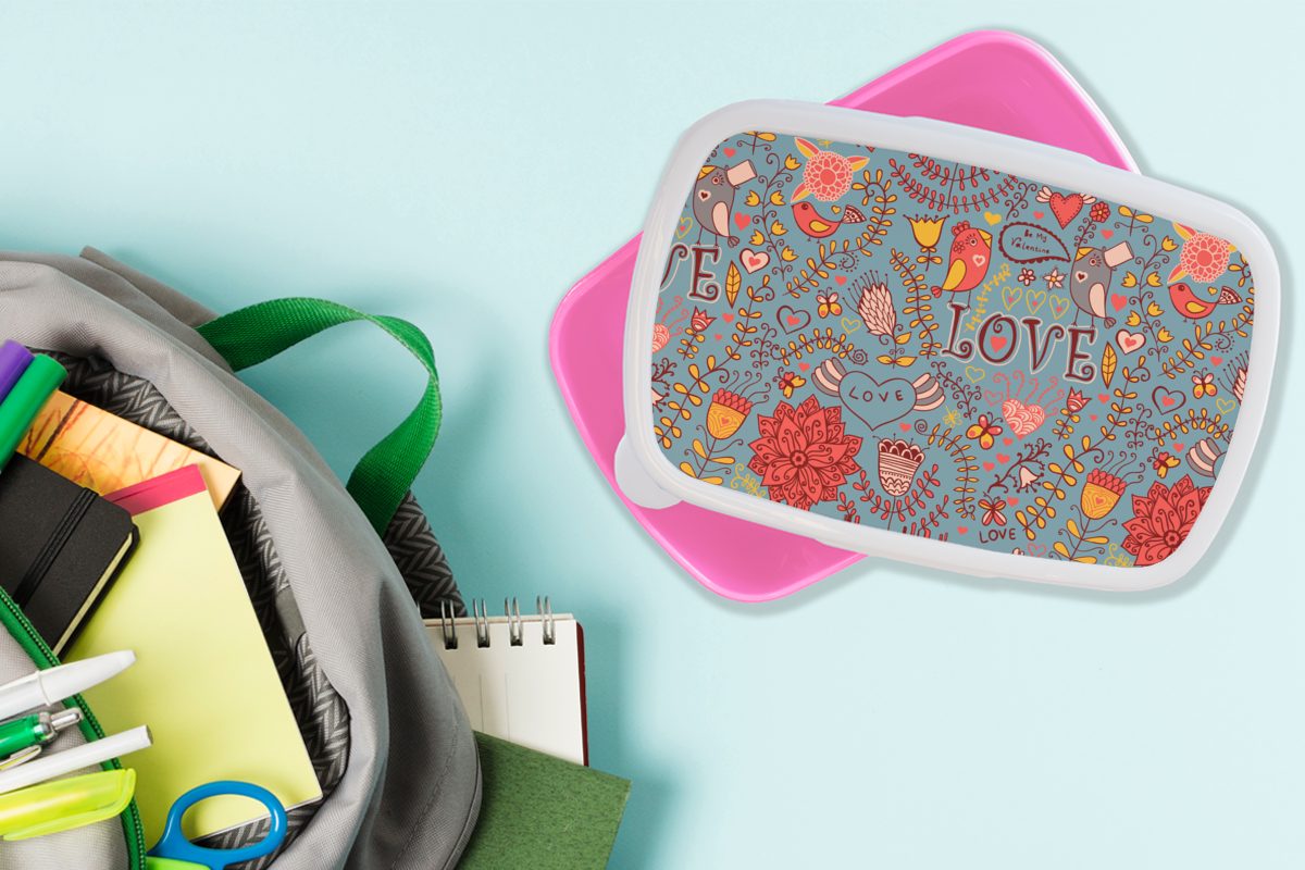 MuchoWow Lunchbox Mädchen - Vogel Liebe Muster rosa Erwachsene, Brotdose für (2-tlg), Kinder - Brotbox Kinder, - - Kunststoff, - Mädchen Mädchen, Snackbox, - Kunststoff Kinder