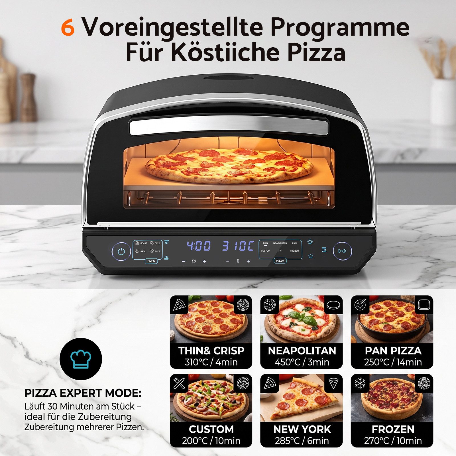 Rebonique Pizzaofen 13" bis 450°C, 2200W mit 6 Programmen, 4 Modi & Pizzastein, Separate Ober-/Unterhitze, Innenbeleuchtung, LED-Anzeige,Expertenmodus