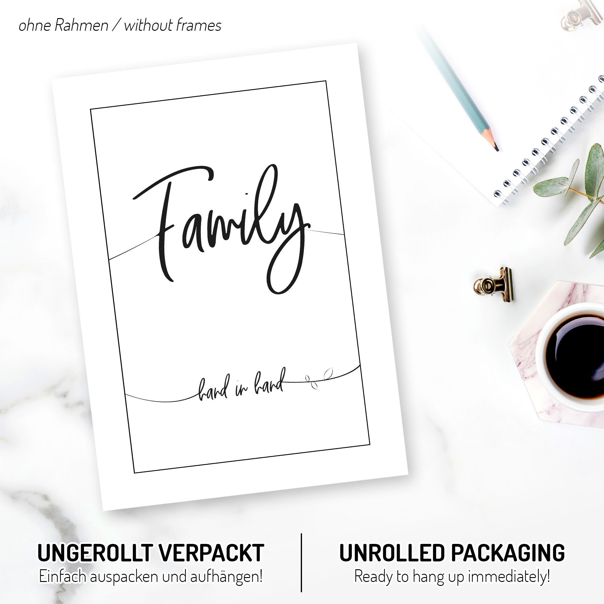 Kreative Feder Poster, Vögel, Familie, Family, Schwarz-Weiß, Schrift (Set, 3 St), 3-teiliges Poster-Set, Wandbild, optional mit Rahmen, DIN A4 oder A3