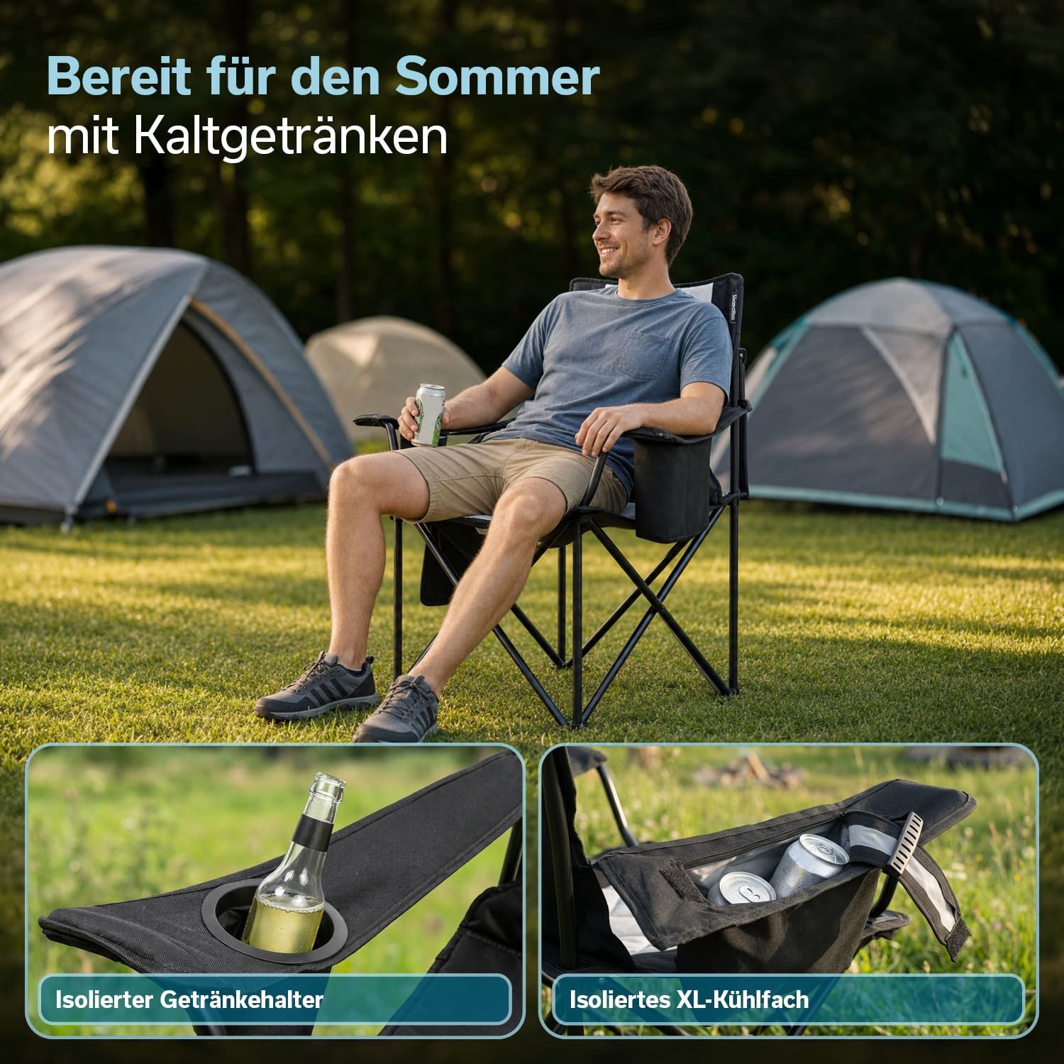 Skandika Campingstuhl Quilta, Bequemer Klappstuhl mit Kühlfach, Faltmechanismus (Getränkehalter, Max. Nutzergewicht 150 kg, Organizer-Tasche), Tragetasche, Anti-Rutsch-Füße, Maße 92 × 57 × 96 cm