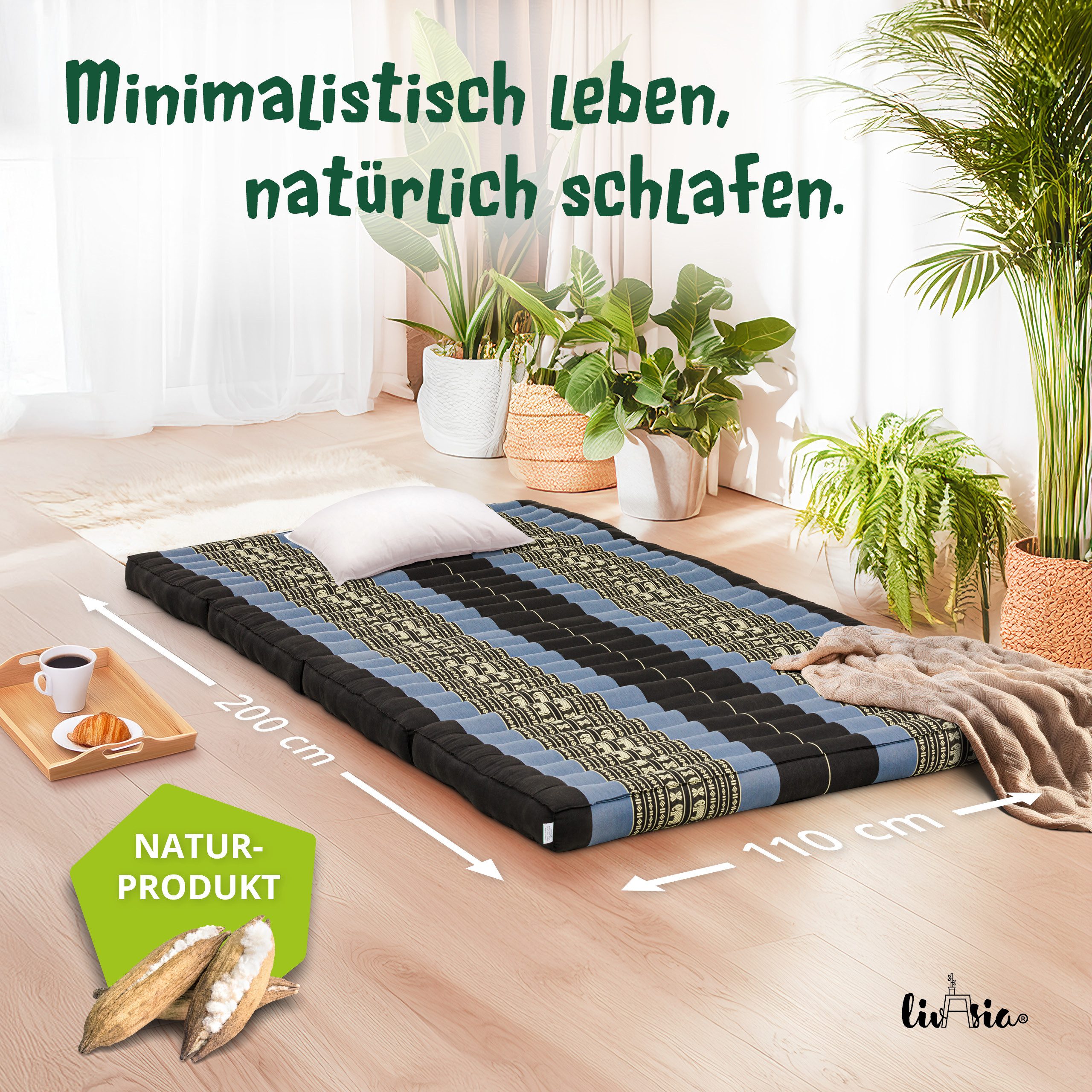 Klappmatratze Faltmatratze 110 cm breit (Classic) - 200x110x8cm -, livasia, 8 cm hoch, Kapok, vegan, handgefertigt