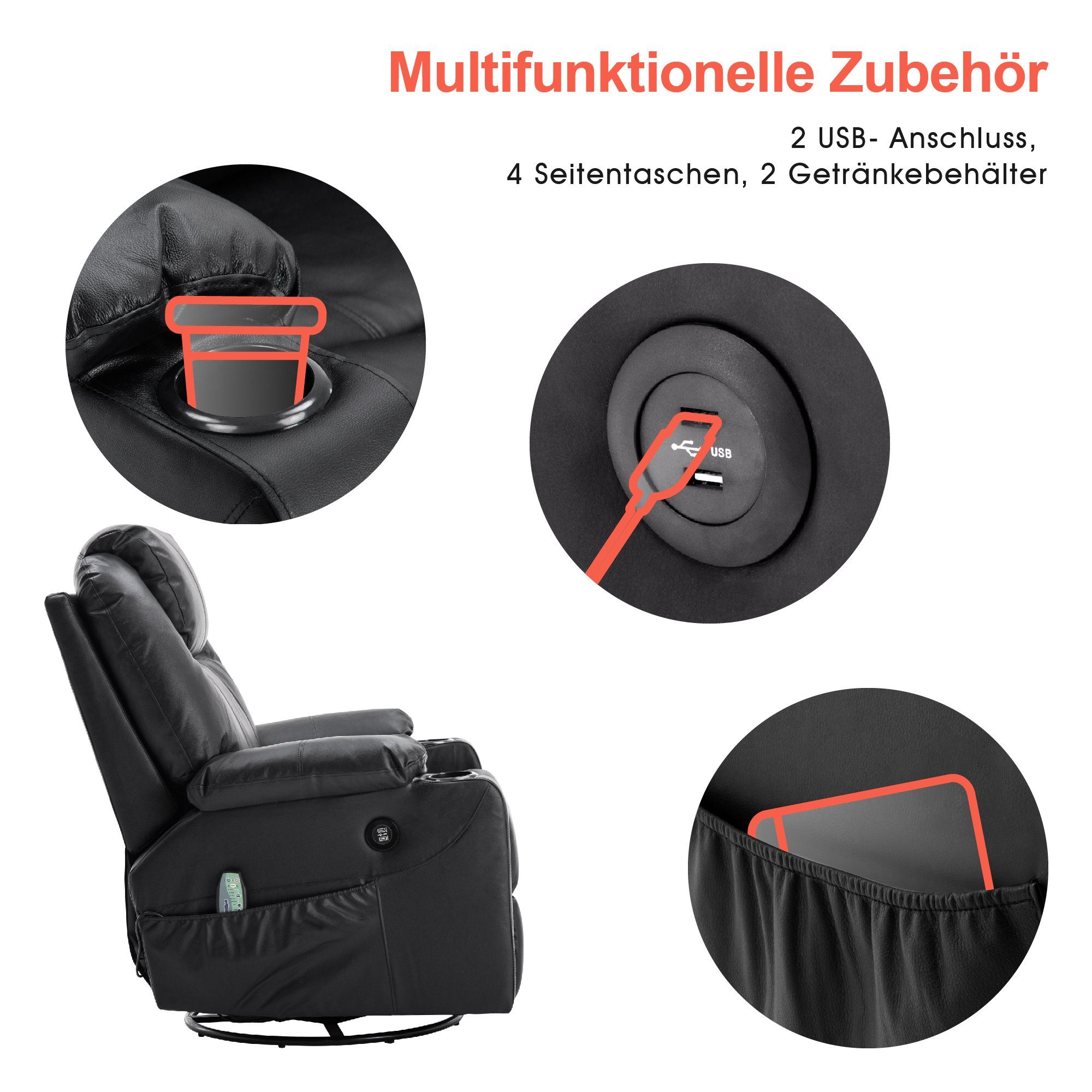 MCombo Relaxsessel MCombo Leder Massagesessel Relaxsessel 7050, manuell, mit Heizung, 360° drehbar und schwenkbar, Leder, Schwarz – Bild 4 von 5