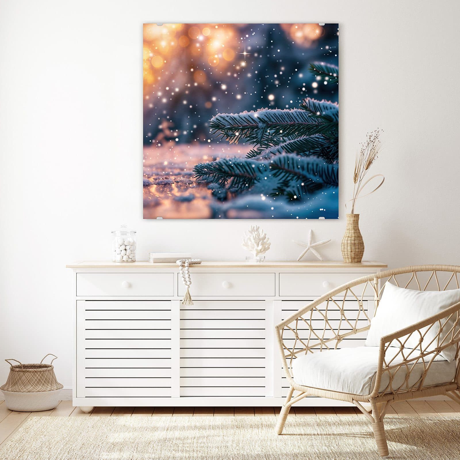 Primedeco Glasbild Wandbild Quadratisch Winterzauber mit Aufhängung, Jahreszeiten (21 verschiedene Größen, 1 St), Elegante Aufhängung