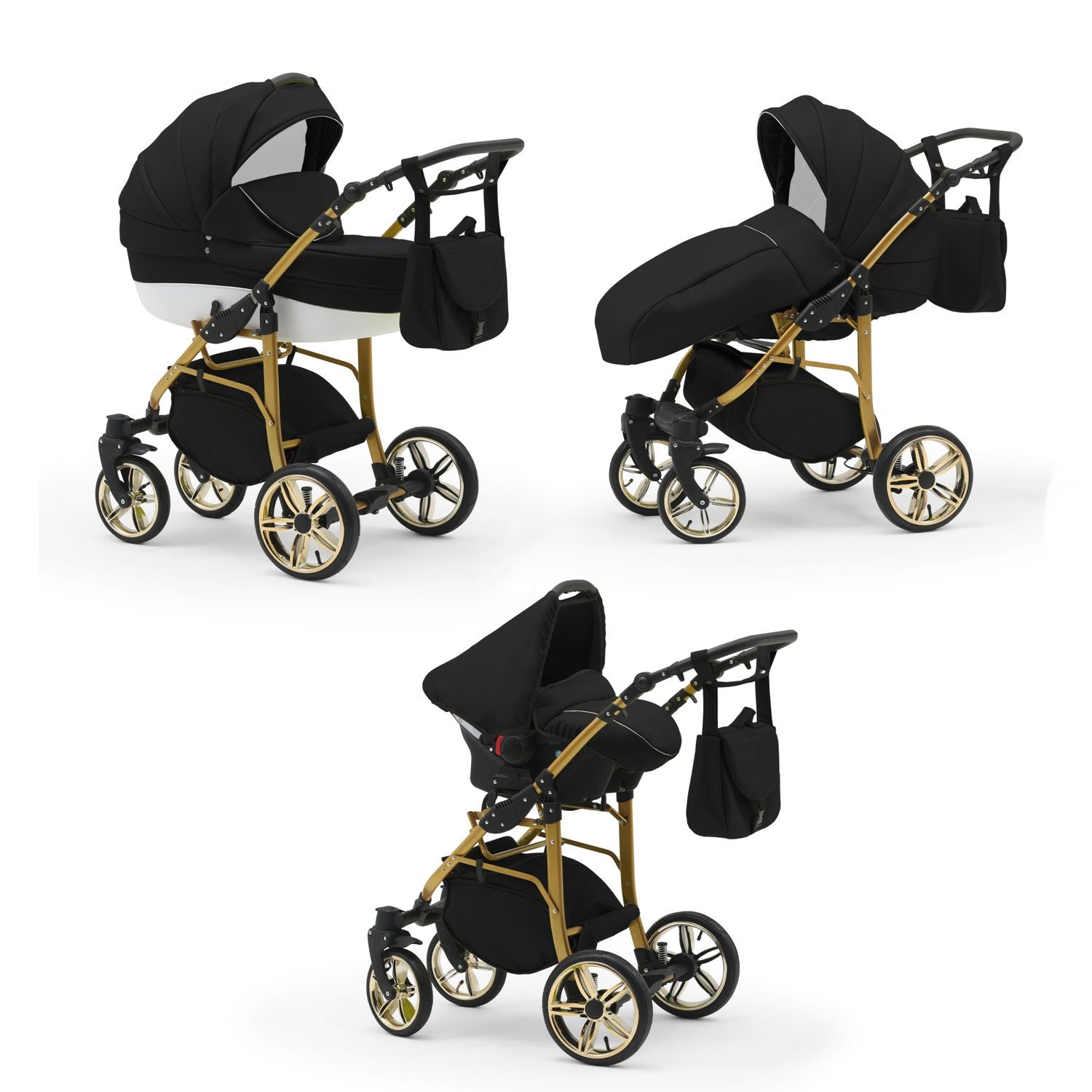 babies-on-wheels Kombi-Kinderwagen 3 in 1 Kinderwagen-Set Cosmo ECO Gold - 16 Teile - in 46 Farben Schwarz-Weiß