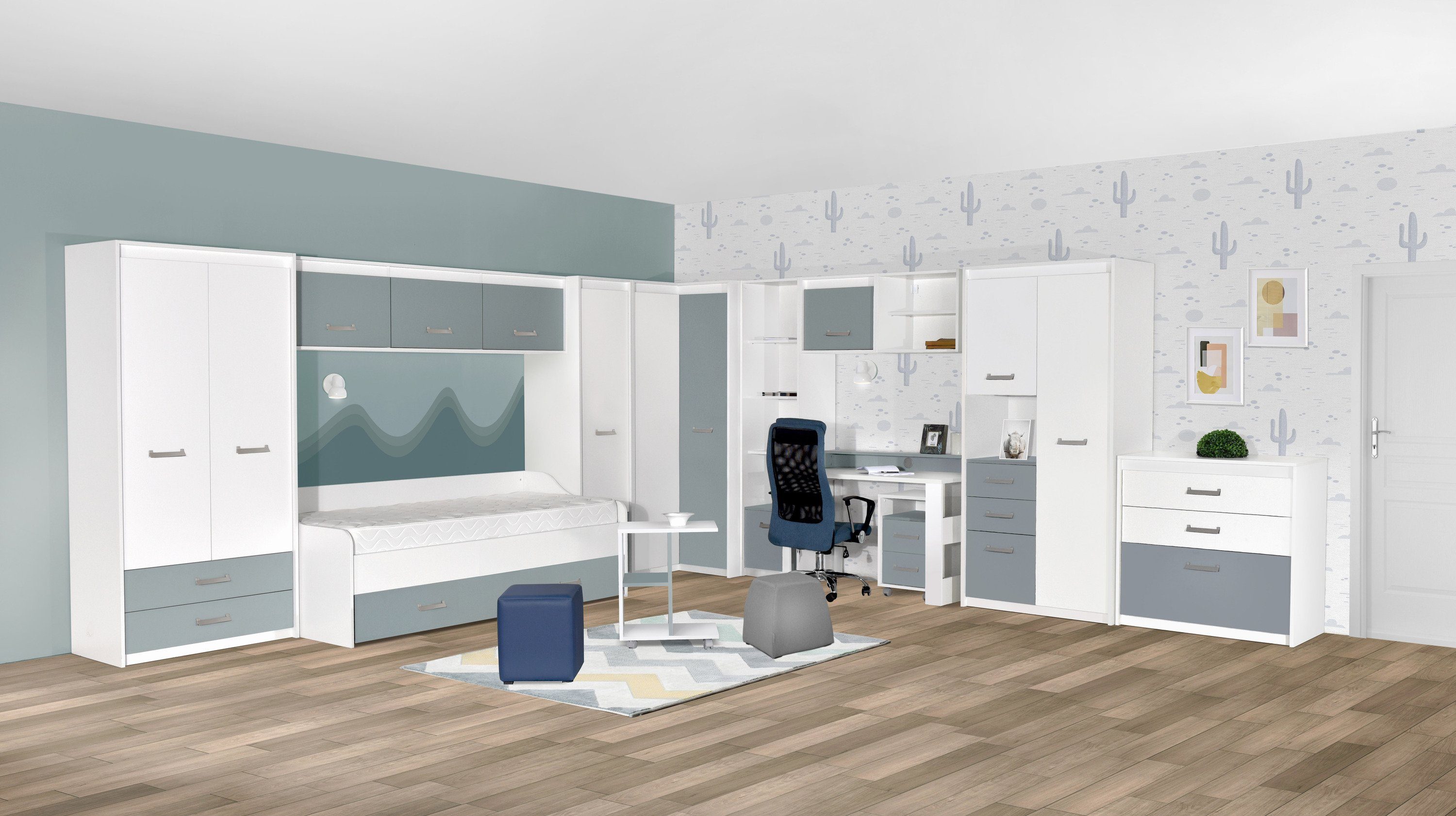 HYPE Rooms Beistellschrank Beistelltisch Sofatisch mit weiß-blau weiß/blau Rollen zweifarbig, | weiß/blau mit Stauraum