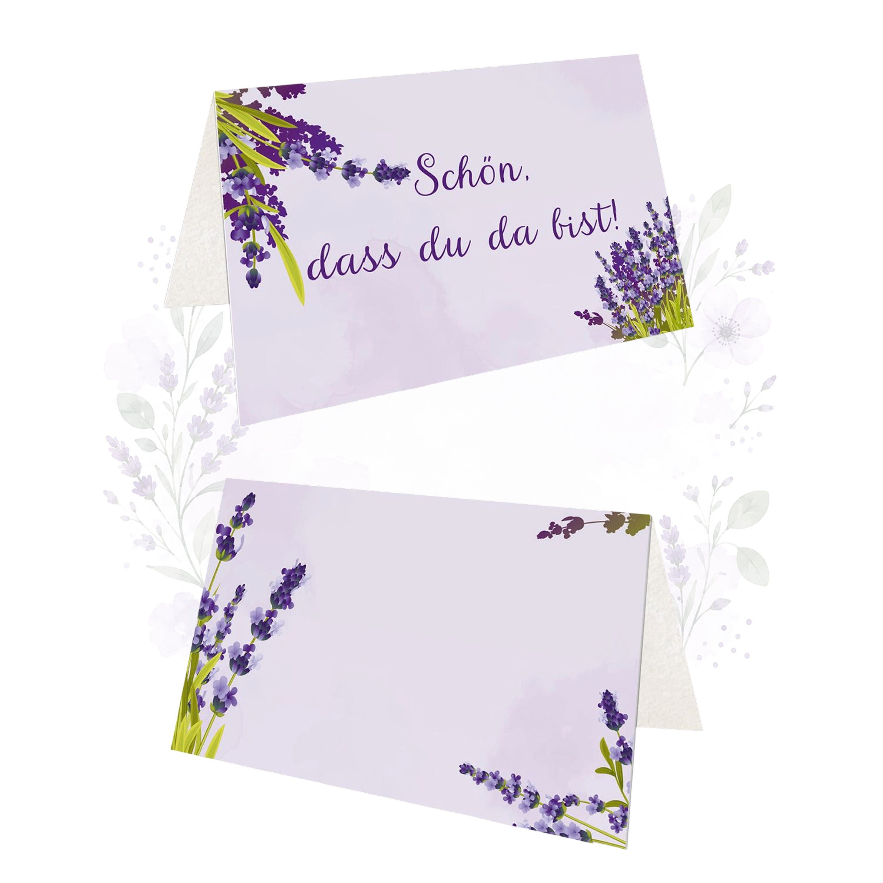 Logbuch-Verlag Klappkarte Tischkarten 25 Stück mit Lavendel in Flieder, Schön dass du da bist