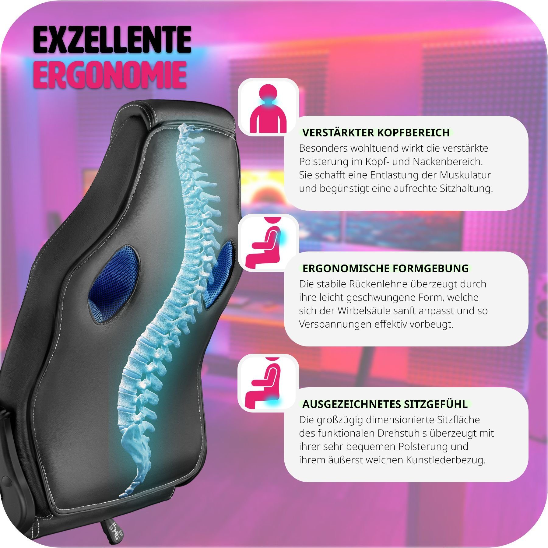 tectake Gaming-Stuhl Bürostuhl (Set, 1 St), Textileinlagen gegen Schwitzen