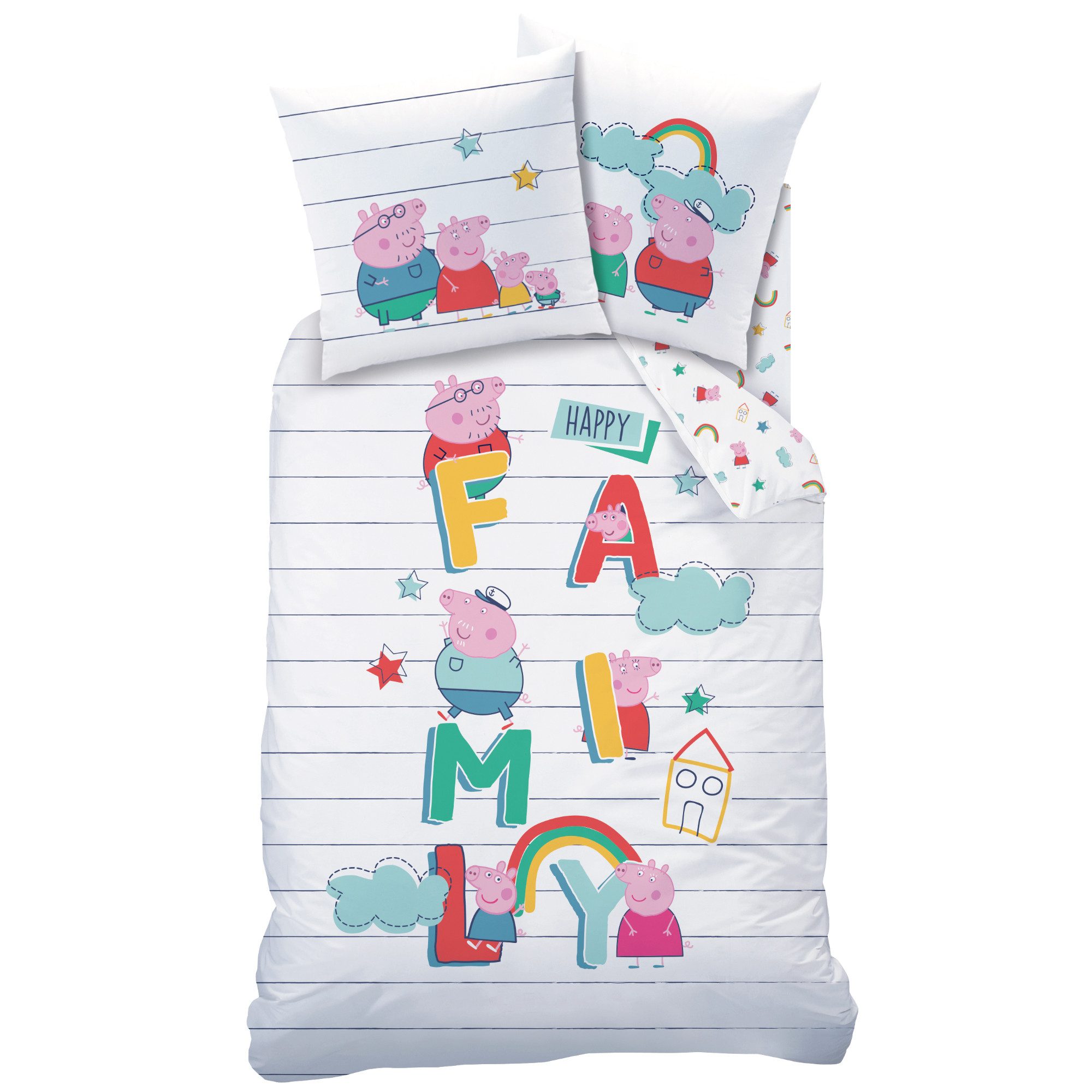 BERONAGE Kinderbettwäsche Peppa Wutz Family Bettwäsche Linon / Renforcé Schweinchen Bettbezug, 100% Baumwolle, 2 teilig, 135x200 + 80x80 cm