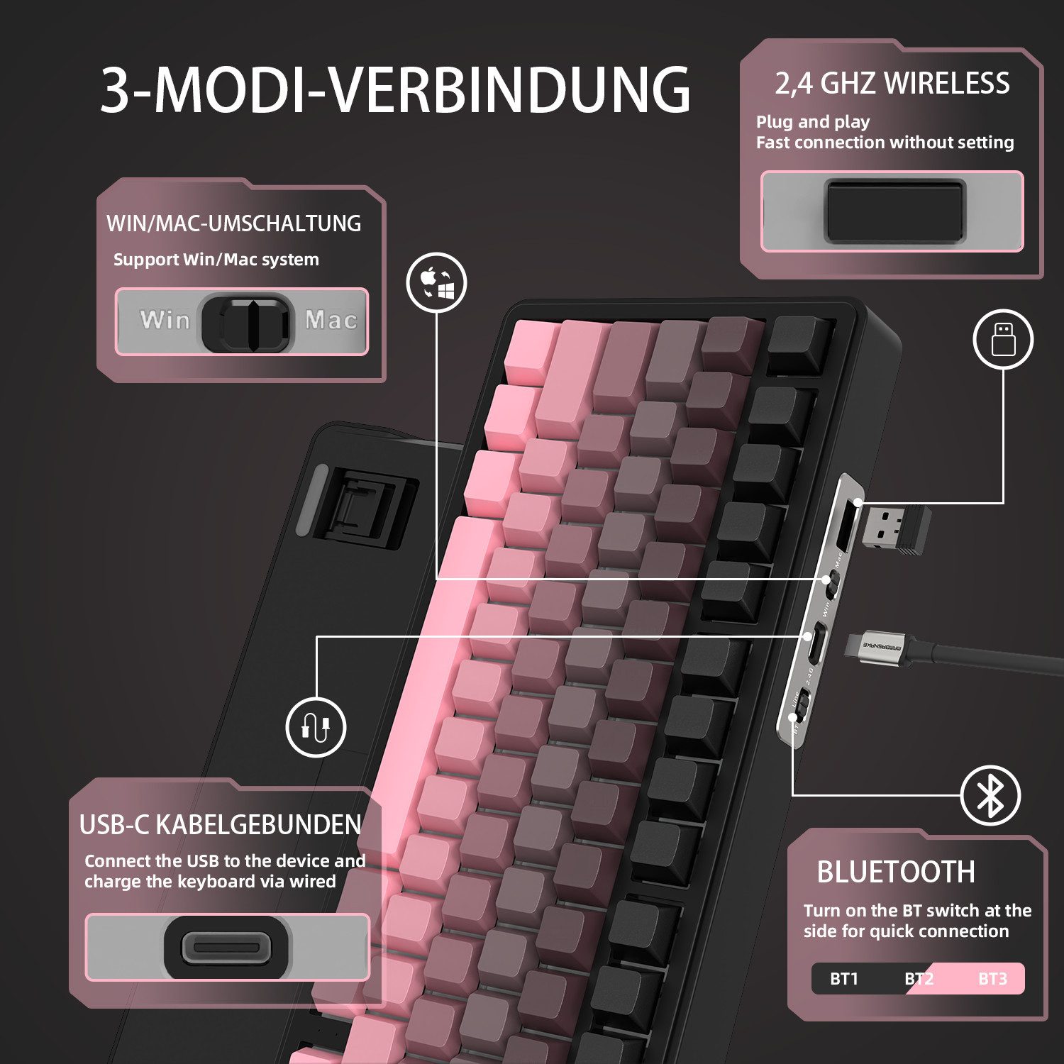 ATTACK SHARK ATTACK SHARK X85 Tri-Mode Gasket Mechanische Tastatur mit Knopf Gaming-Tastatur – Bild 4 von 5