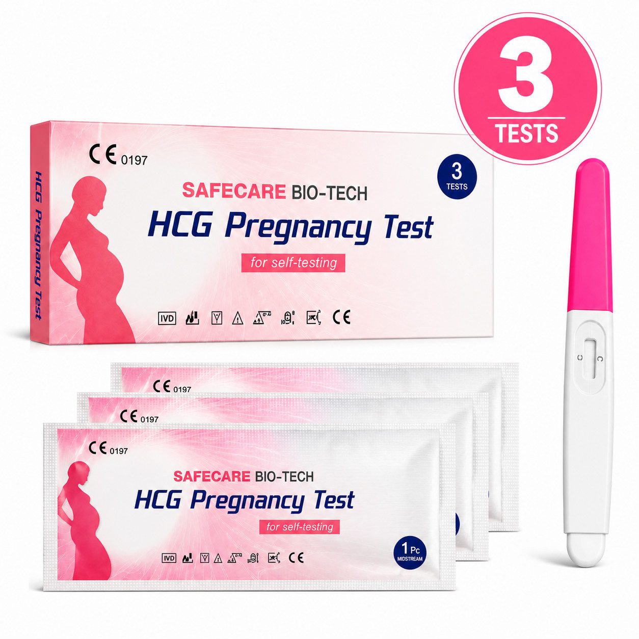Safecare Bio-Tech Schwangerschaftstest Frühtest - 25 miu/ml Ultra Empfindlich HCG Midstream Urin Teststreifen, Schnelltest, 3-tlg., Urin-Test, Schnelles Ergebnis, einfache Handhabung, hohe Genauigkeit