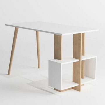 Moblix Schreibtisch MALIX Bürotisch, Computertisch, mit 4 Ablagen, 120x60x73 cm (Büromöbelstück, weißer Finish, Natur Holz)