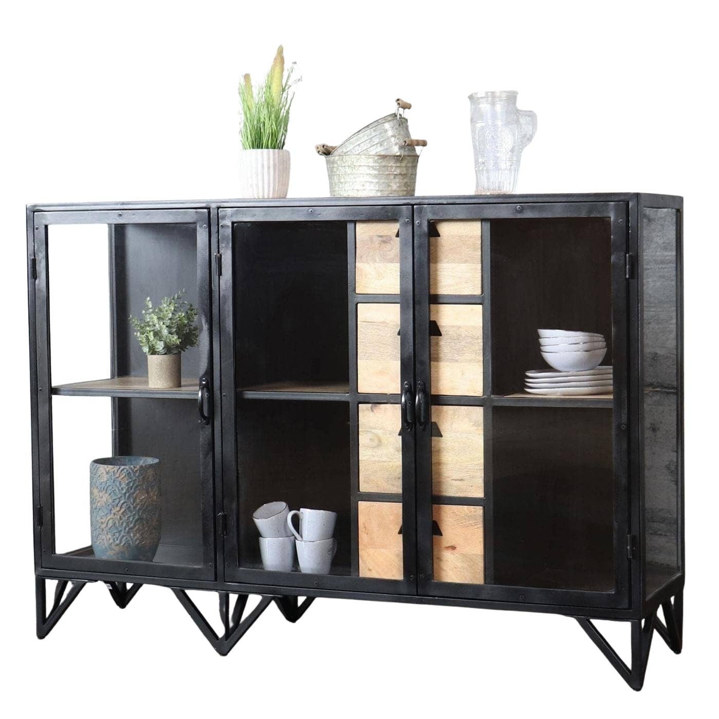 baario Sideboard Sideboard BARBAR Metall Glas, schwarz Industrial Style Kommode Vitrine