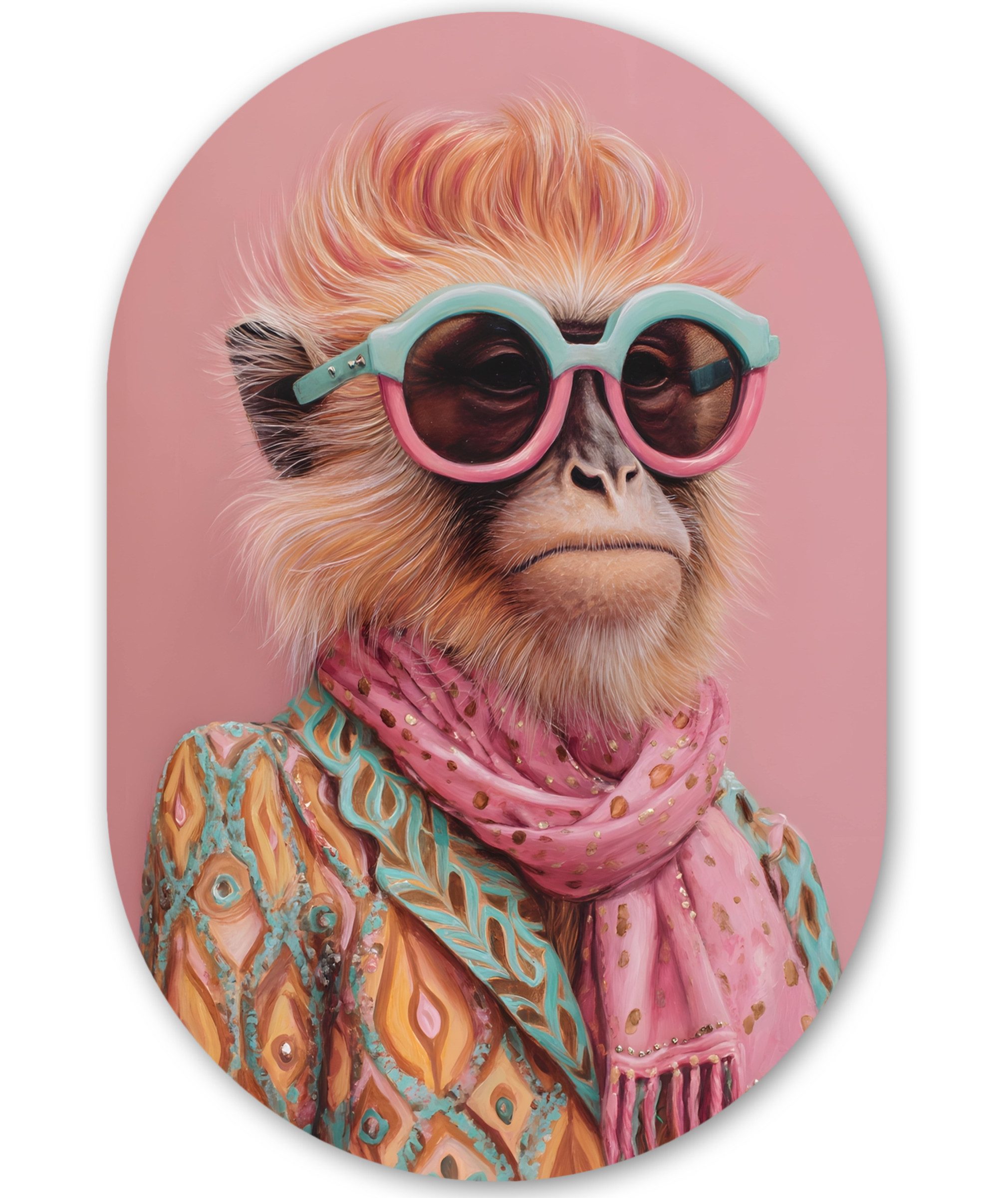 MuchoWow Gemälde Halstuch - Affe - Sonnenbrille - Jacke, Fotodruck (1 St), Wandbild Oval, Wohnzimmer oder Schlafzimmer Wanddekoration, 40x60 cm