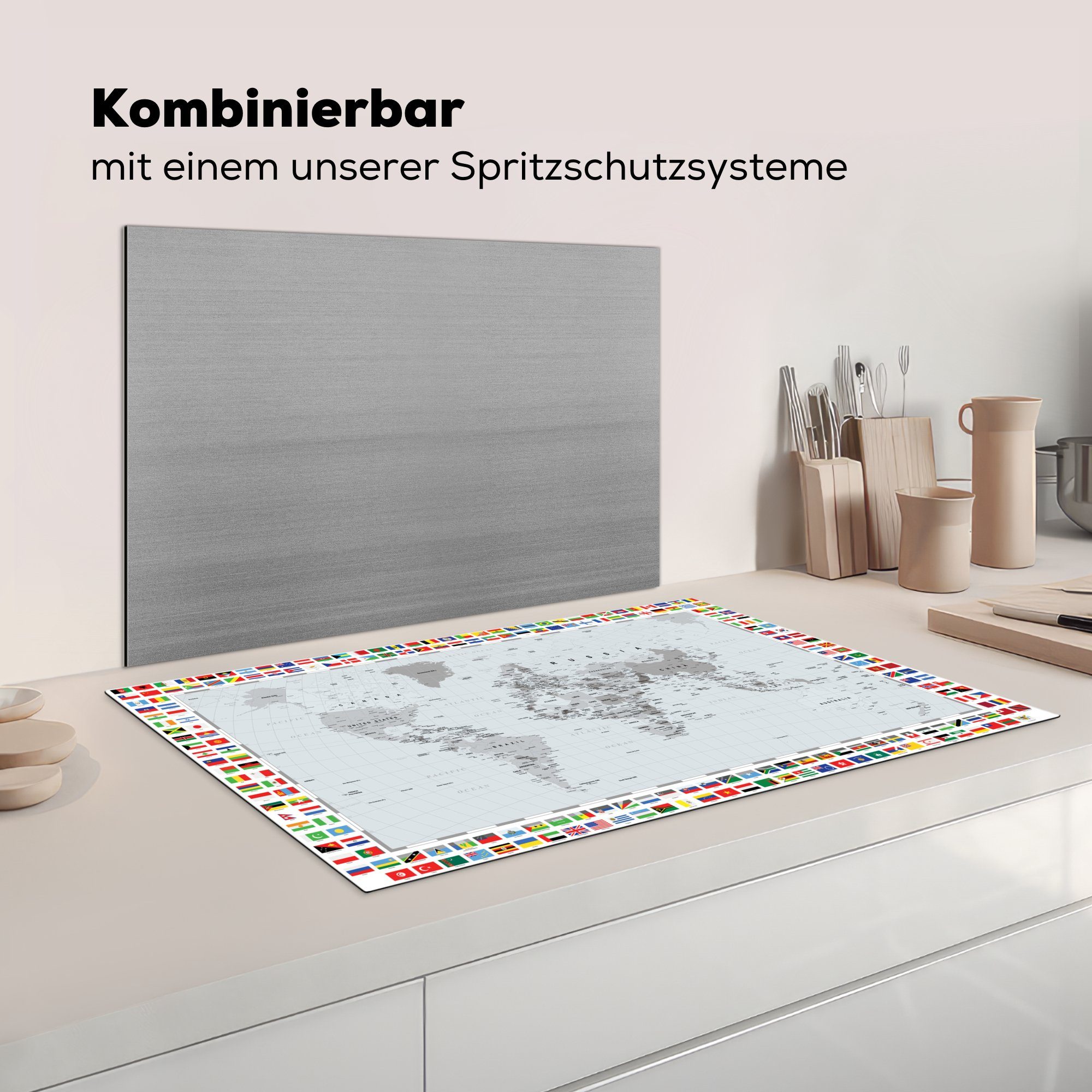 Flagge Weltkarte Vinyl, Herdblende-/Abdeckplatte - cm, (1 83x51 küche Arbeitsplatte Weiß, - MuchoWow tlg), für Schwarz - Ceranfeldabdeckung,